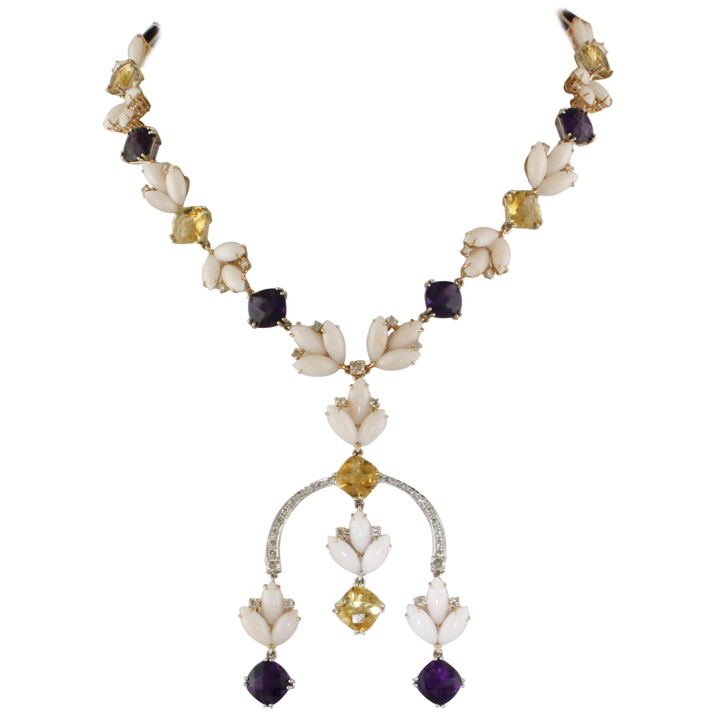 Diamonds, Amethysts,Topazes Pink Corals Drops White and Rose Gold Link Necklace