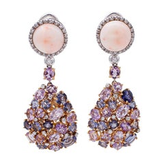 Diamonds, Amethysts,Iolites,Coral,18 Karat White and Yellow Gold Dangle Earrings