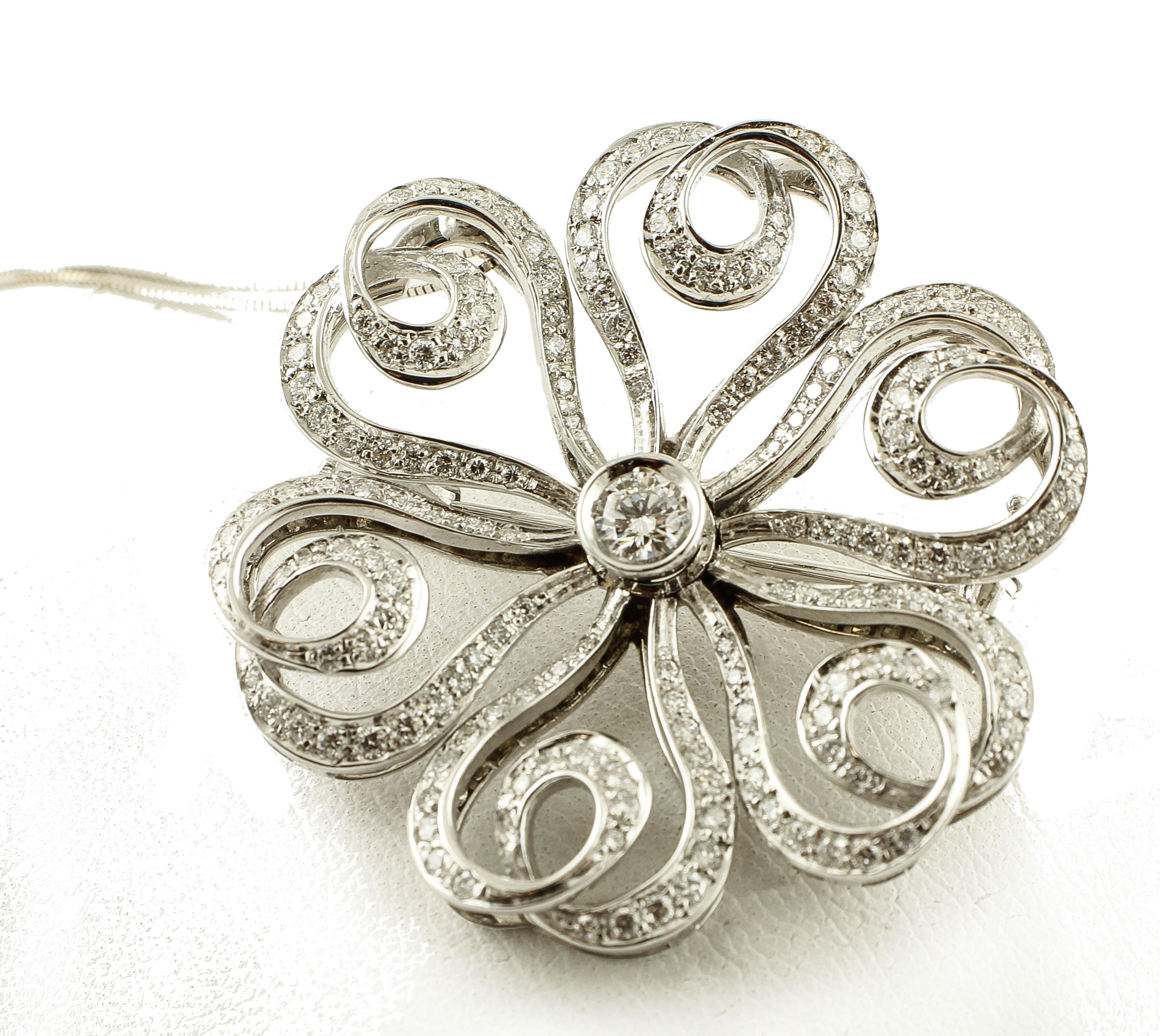 Modern Diamonds and 18 Karat White Gold Flower Brooch 'Chain Not Included' For Sale