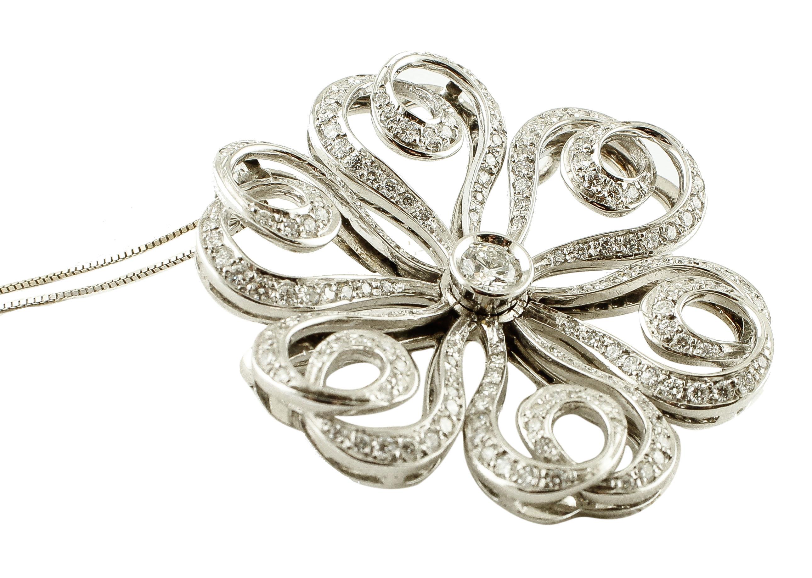 Brilliant Cut Diamonds and 18 Karat White Gold Flower Brooch 'Chain Not Included' For Sale