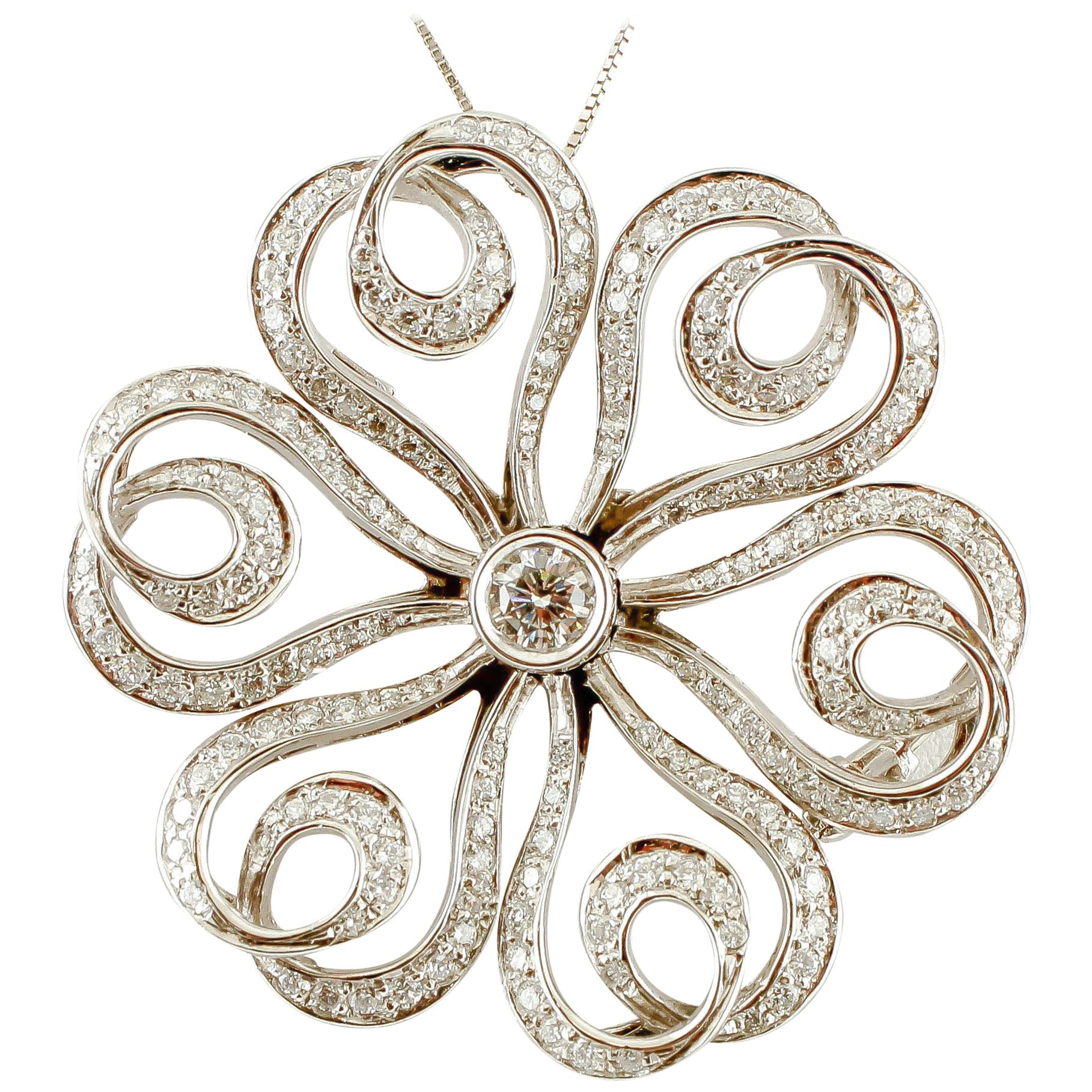 Diamonds and 18 Karat White Gold Flower Brooch 'Chain Not Included' For Sale