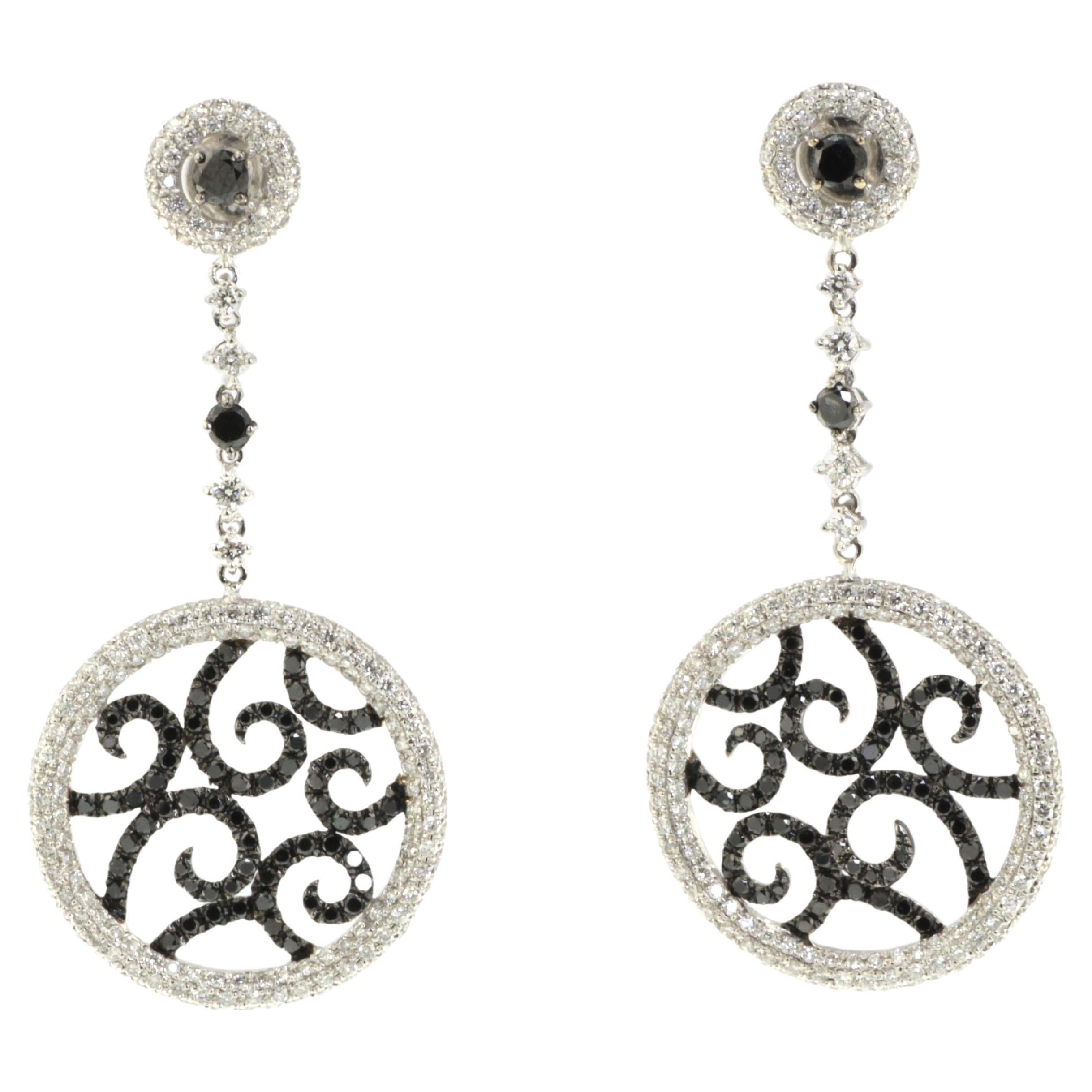 18K White Gold Black and White Diamond Scroll Dangle Earrings