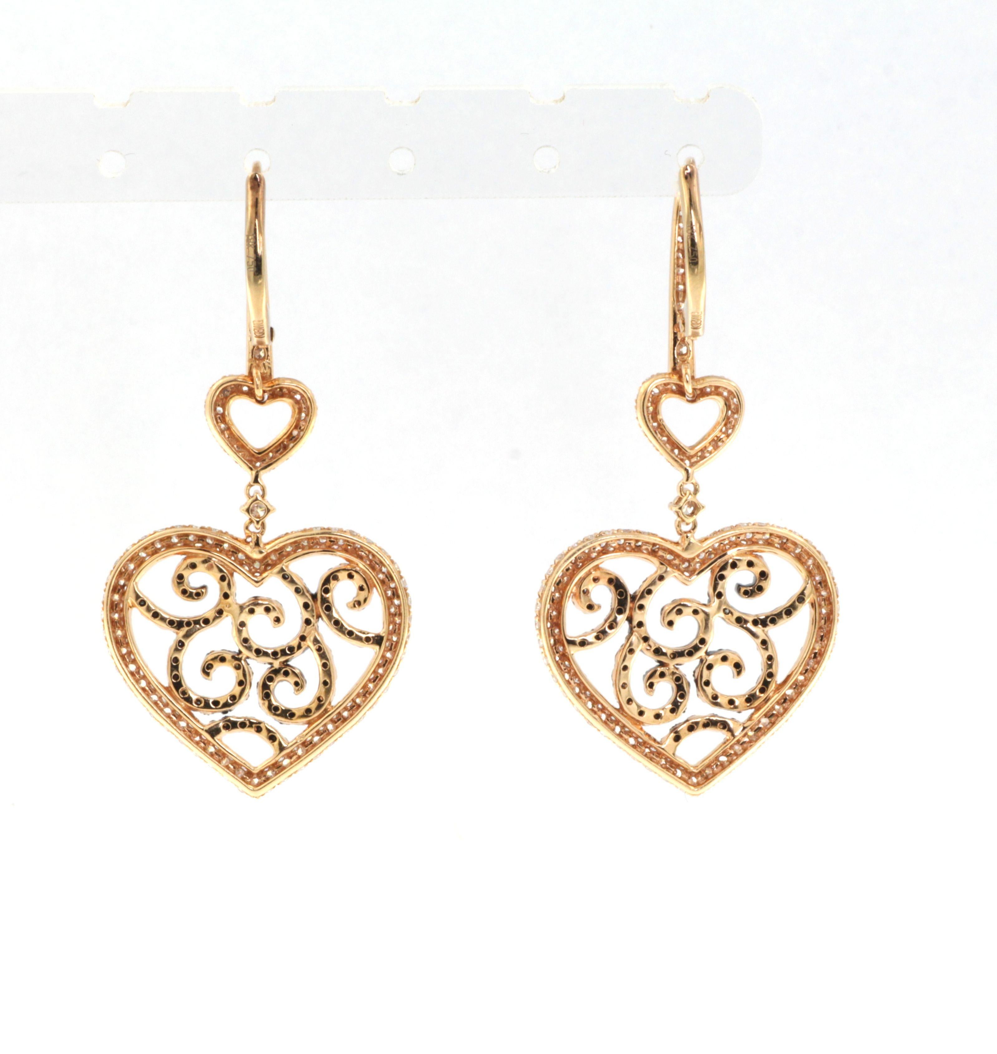 Artisan Art Deco White and Black Diamonds Heart Shape Dangle Earrings in 18k Rose Gold For Sale