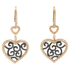 Art Deco White and Black Diamonds Heart Shape Dangle Earrings in 18k Rose Gold