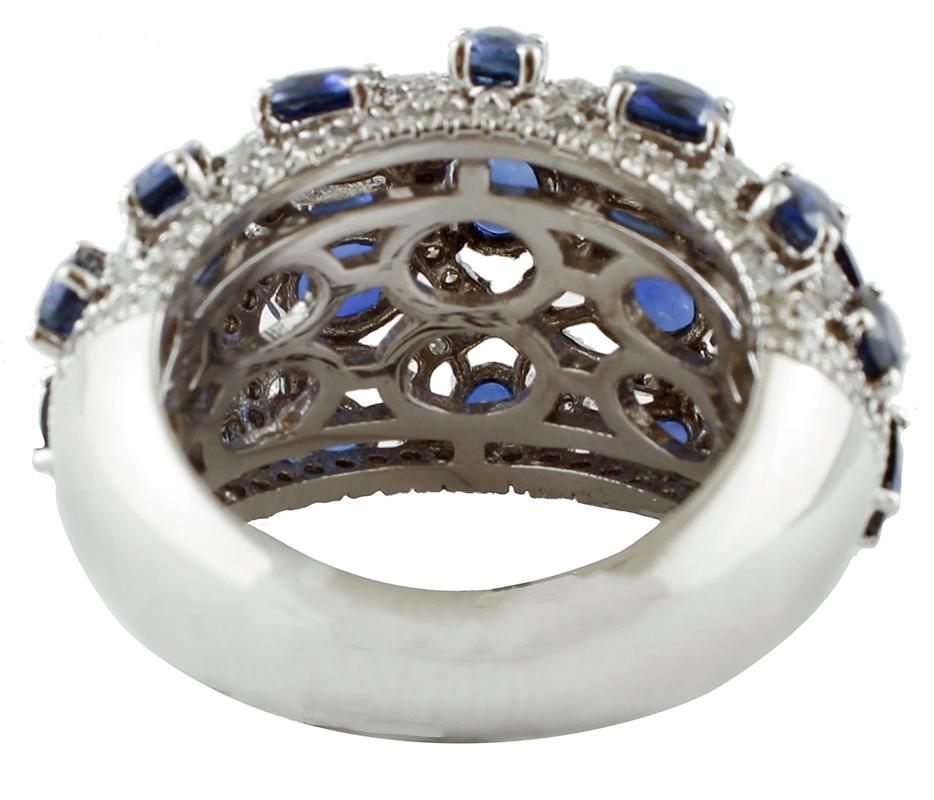 Retro Diamonds and Blue Sapphires, White Gold Band Ring For Sale