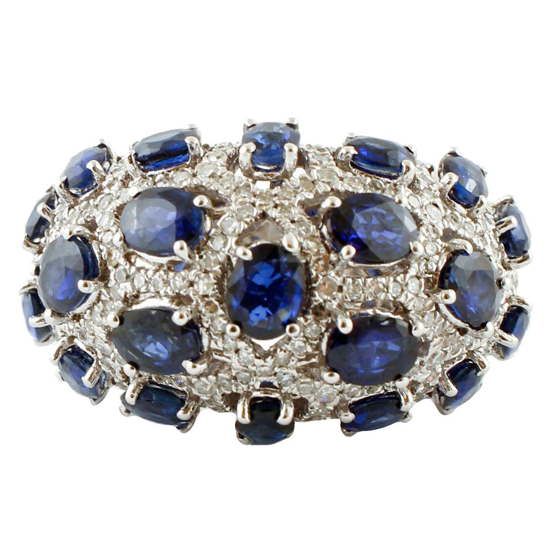 Diamonds and Blue Sapphires, White Gold Band Ring