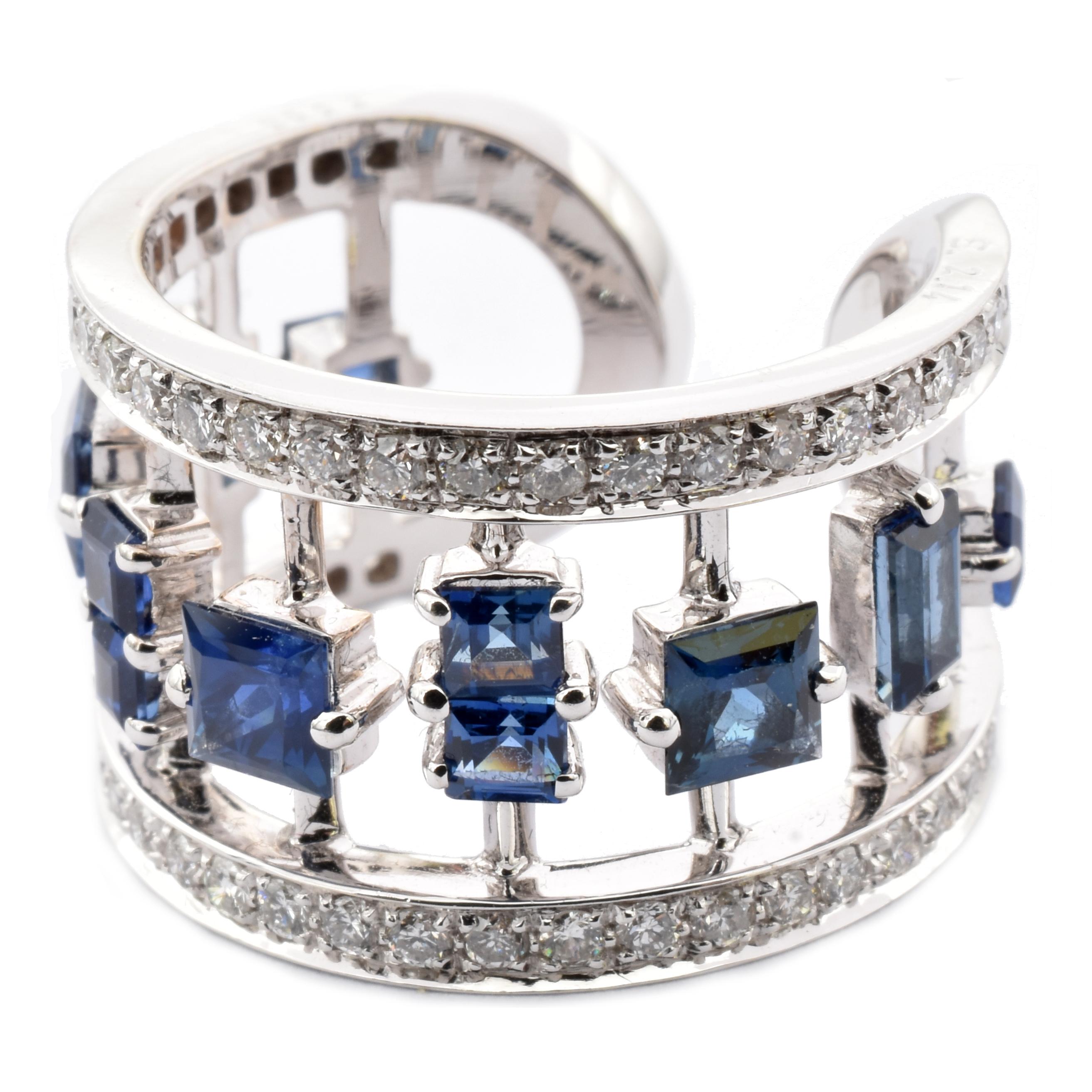 Gilberto Cassola 18Kt White Gold Fancy Band Ring with White Diamonds, Carrè and Baguette Cut Natural Blue Sapphires. 
Handmade in our Atelier in Valenza Italy.
G Color VS Clarity White Diamonds ct 0.66. 
Carrè and Baguette Cut Natural Blue Sapphires