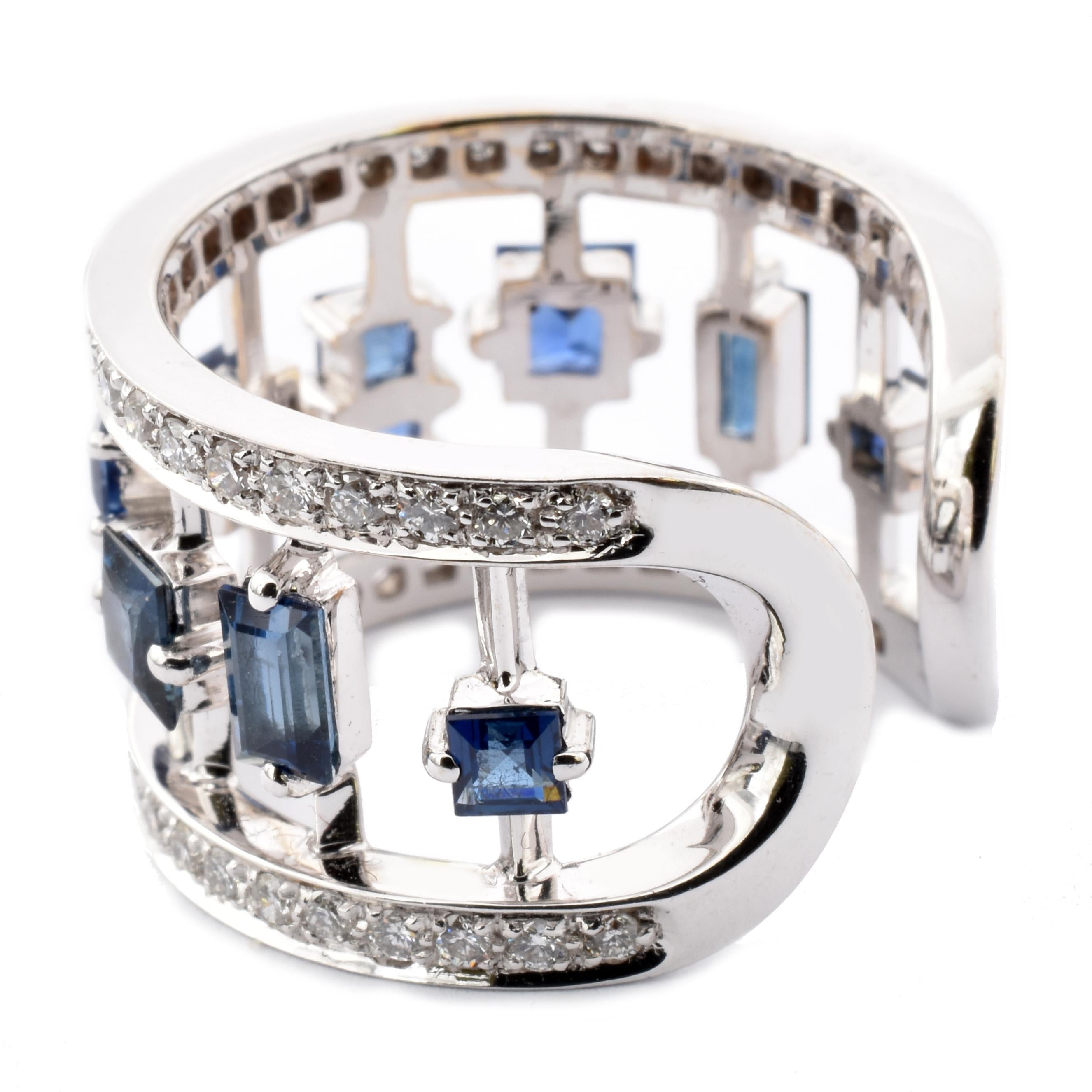 Contemporary Diamonds and Blue Sapphires White Gold Fancy Band Ring Made in Italy For Sale