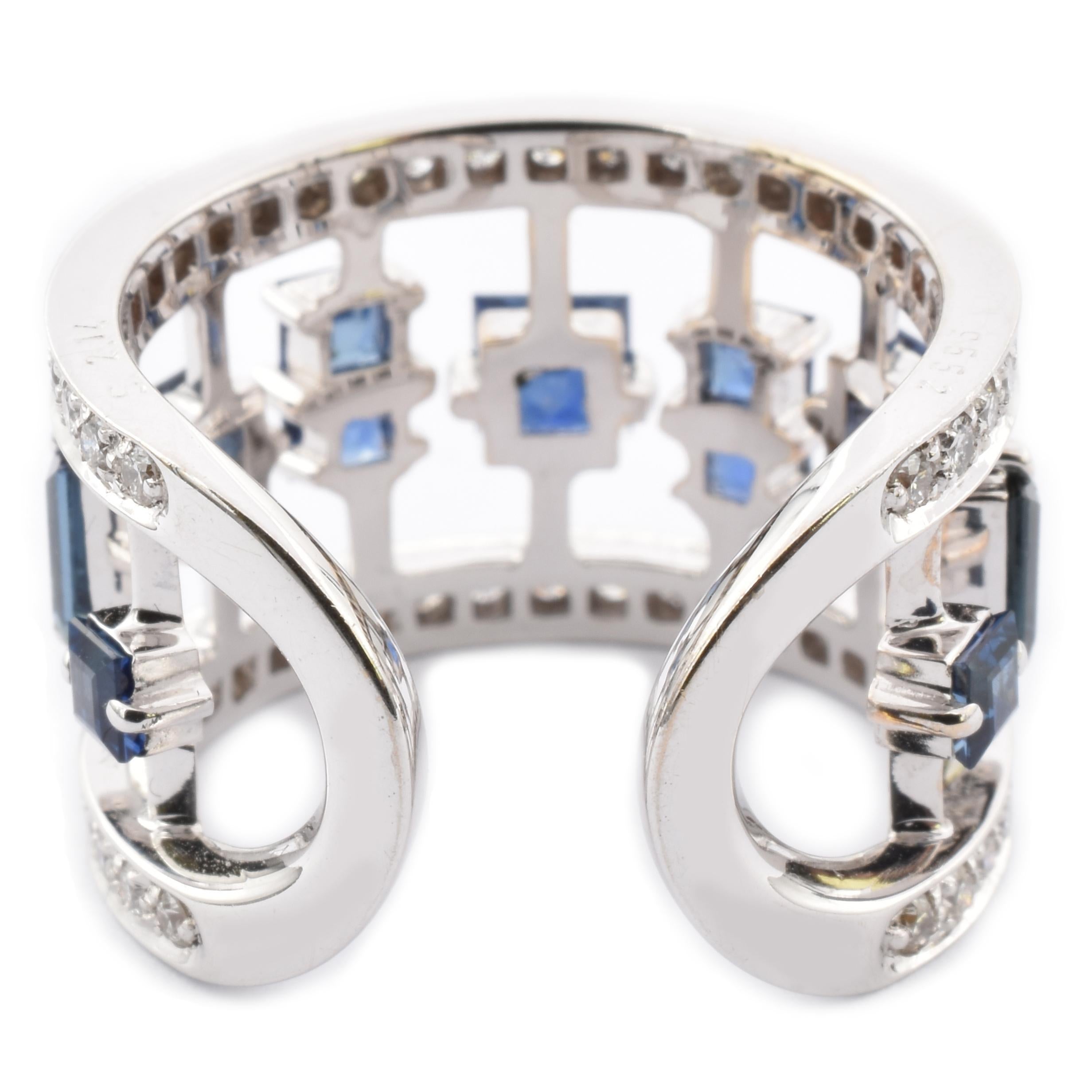 Baguette Cut Diamonds and Blue Sapphires White Gold Fancy Band Ring Made in Italy For Sale