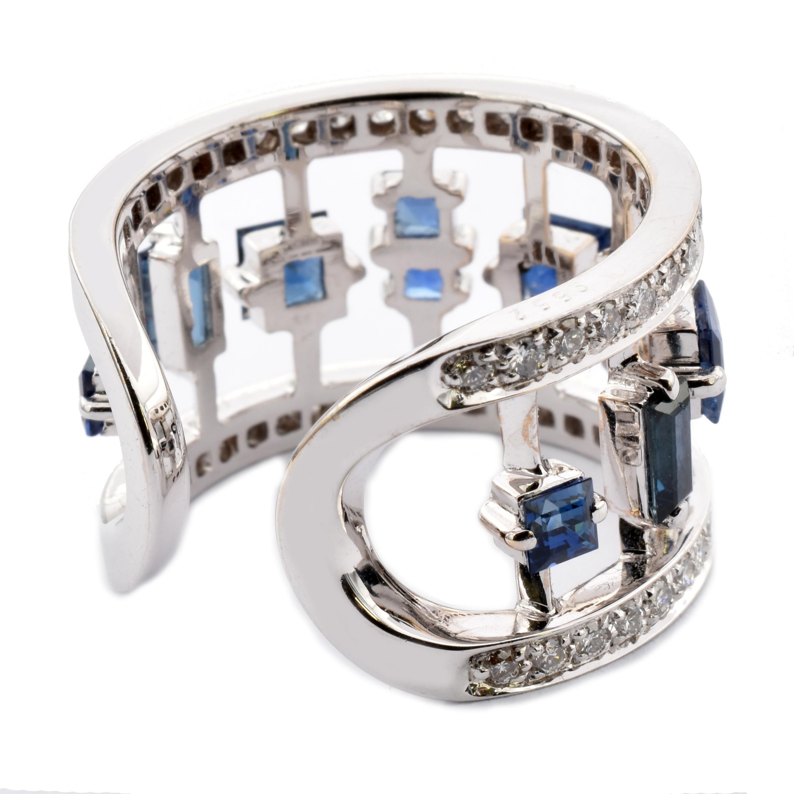 Diamonds and Blue Sapphires White Gold Fancy Band Ring Made in Italy In New Condition For Sale In Valenza, AL