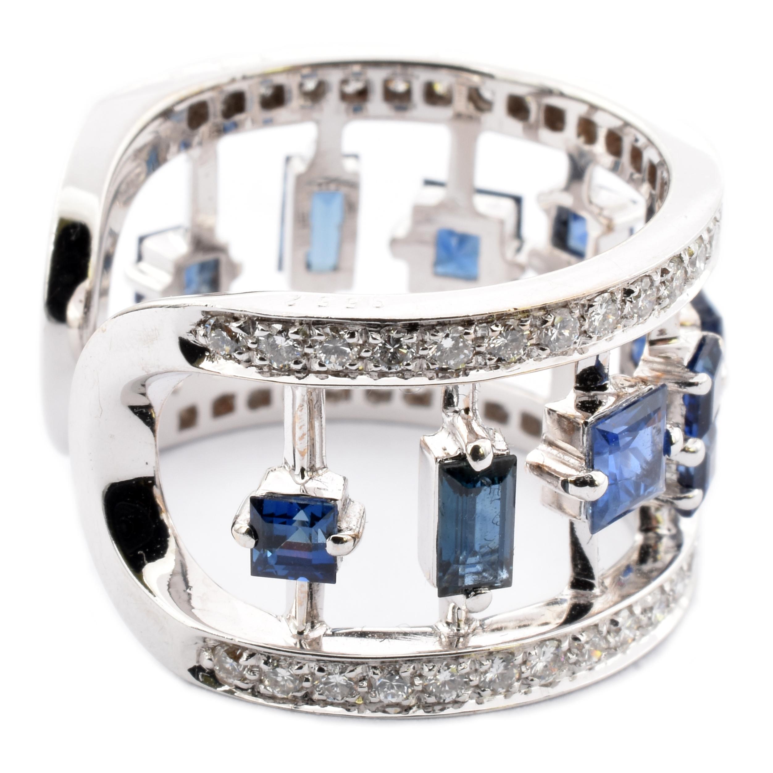 Women's Diamonds and Blue Sapphires White Gold Fancy Band Ring Made in Italy For Sale