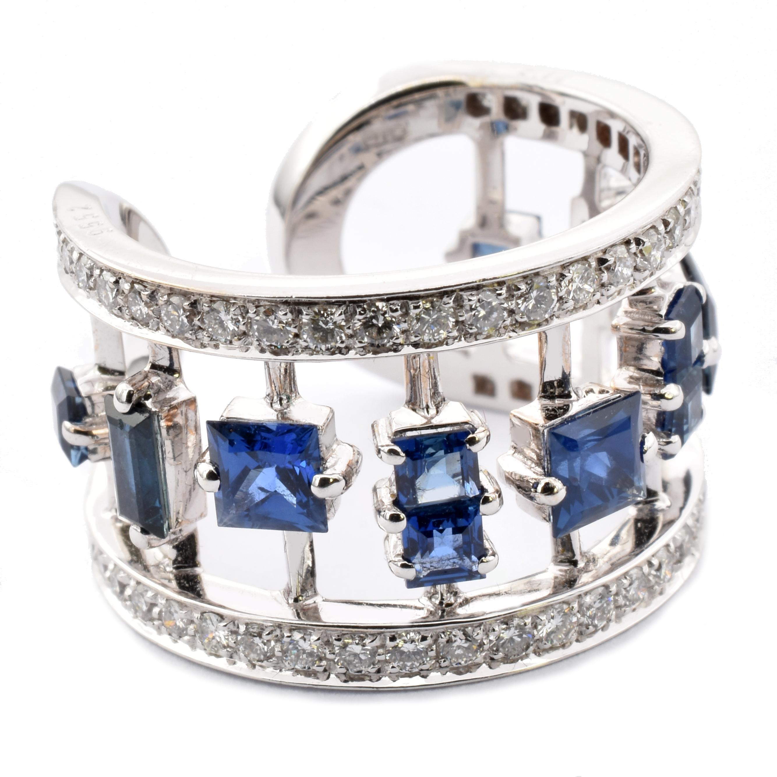 Diamonds and Blue Sapphires White Gold Fancy Band Ring Made in Italy For Sale 1