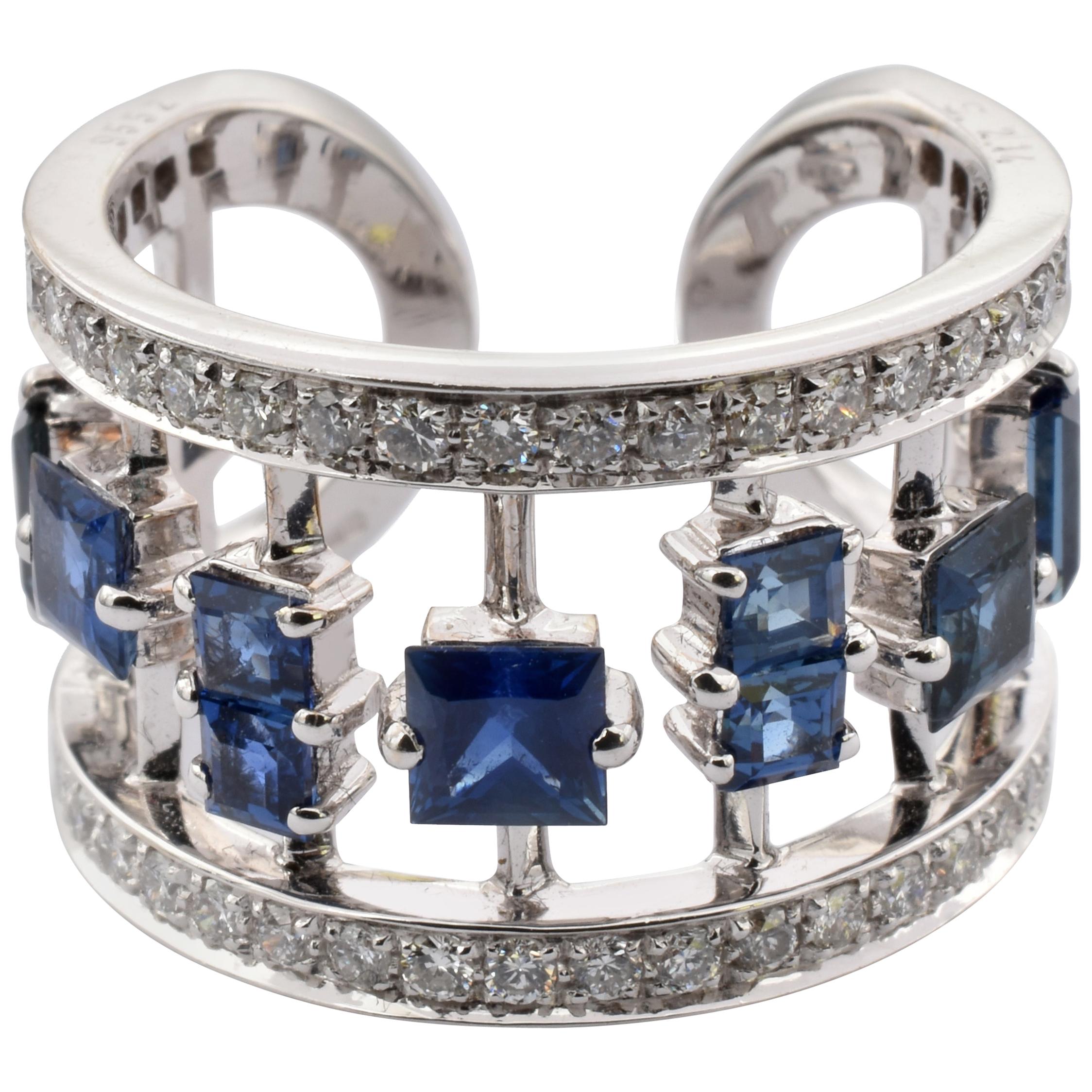 Diamonds and Blue Sapphires White Gold Fancy Band Ring Made in Italy For Sale