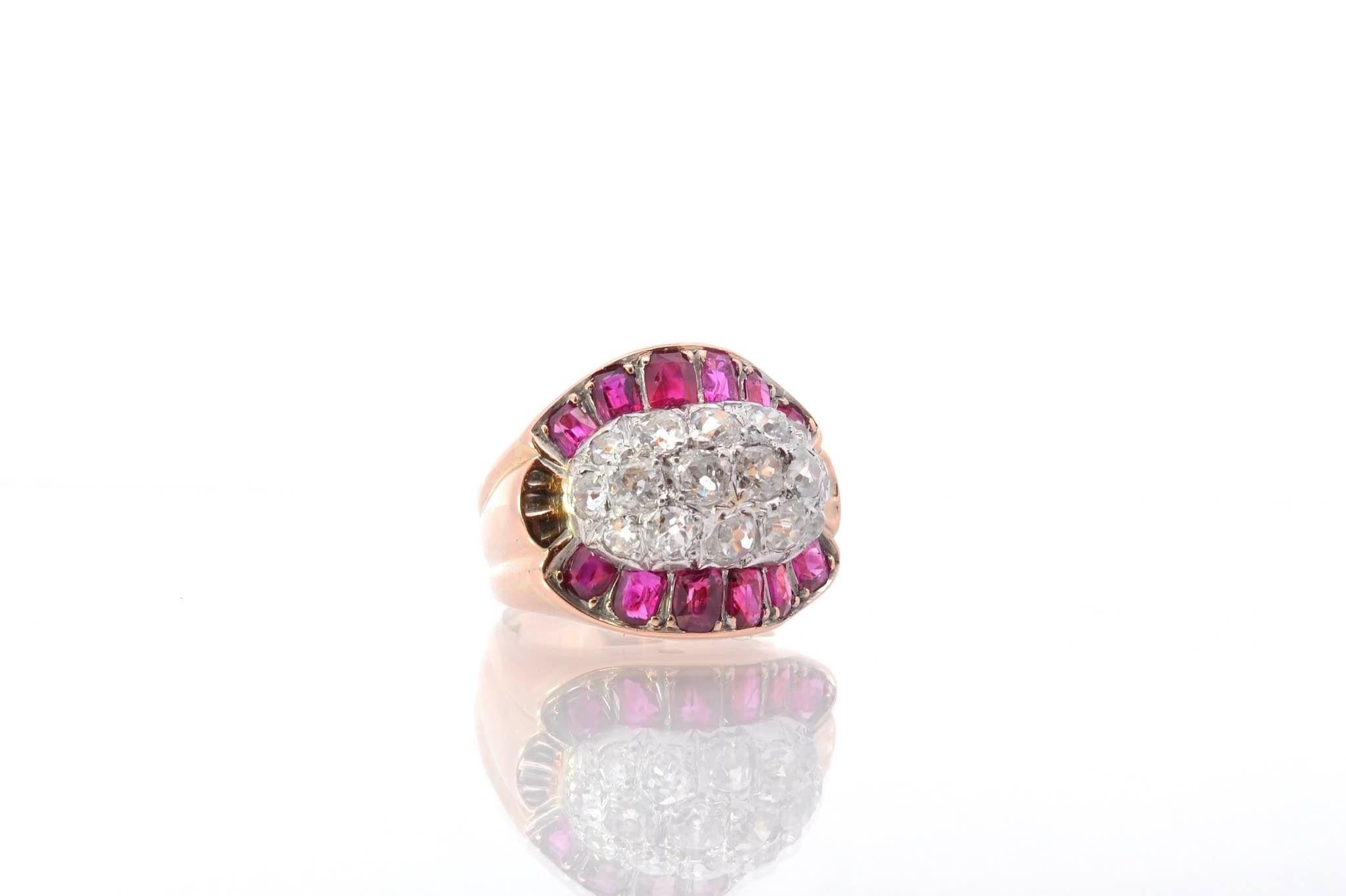 Old European Cut Diamonds and calibrated rubies tank ring For Sale