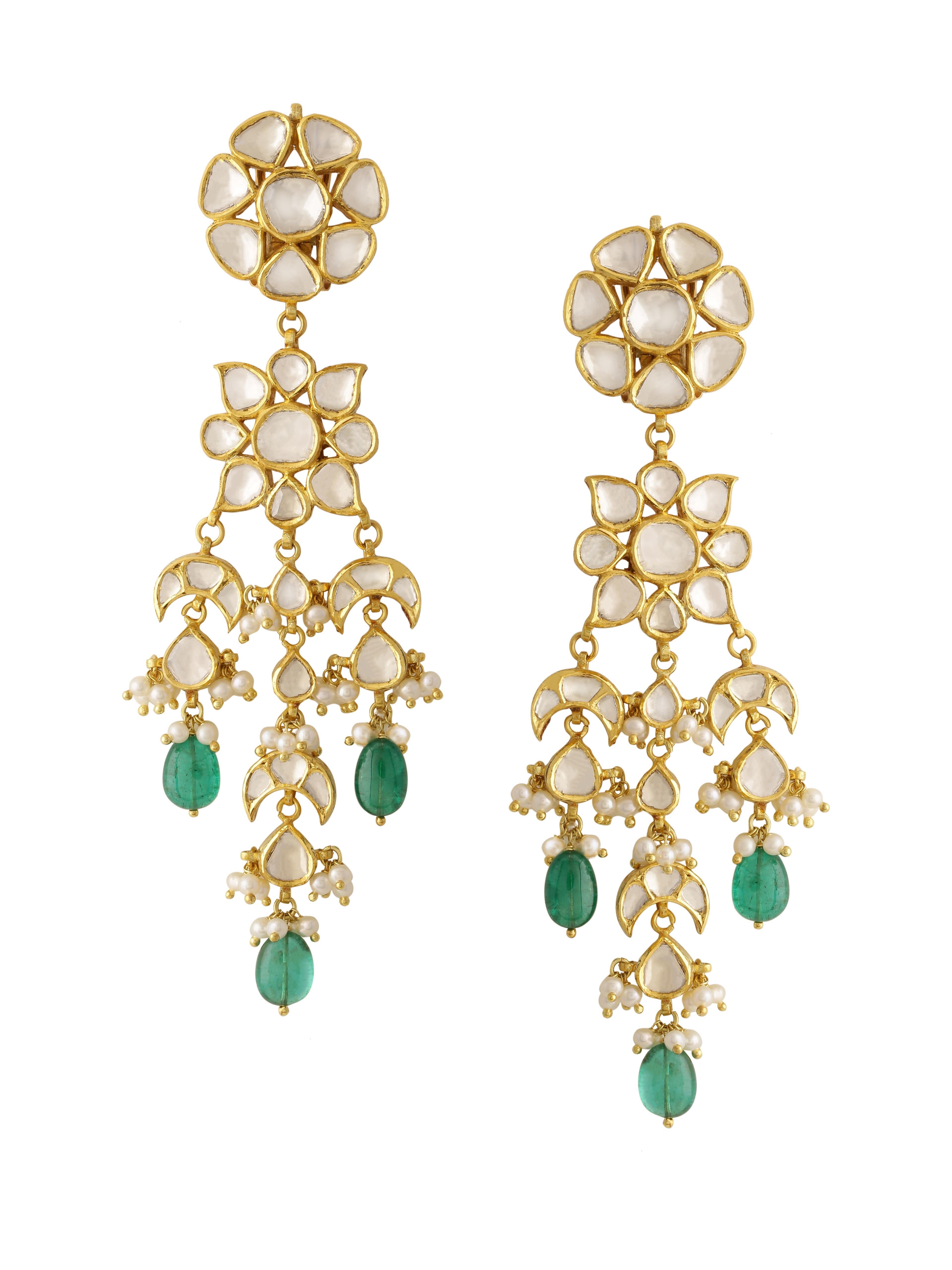 Art Deco Diamonds and Emerald Chandelier Earring Handcrafted in 18K Gold with Fine Enamel For Sale