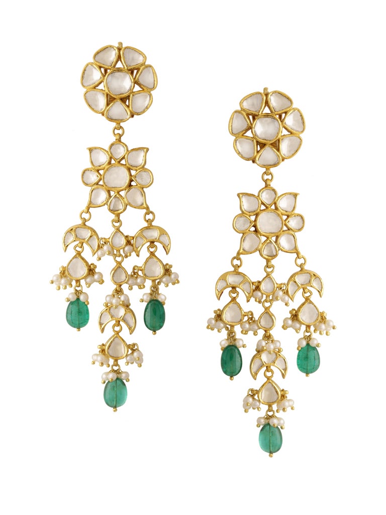 Diamonds and Emerald Chandelier Earring Handcrafted in 18K Gold with Fine Enamel For Sale at 1stDibs
