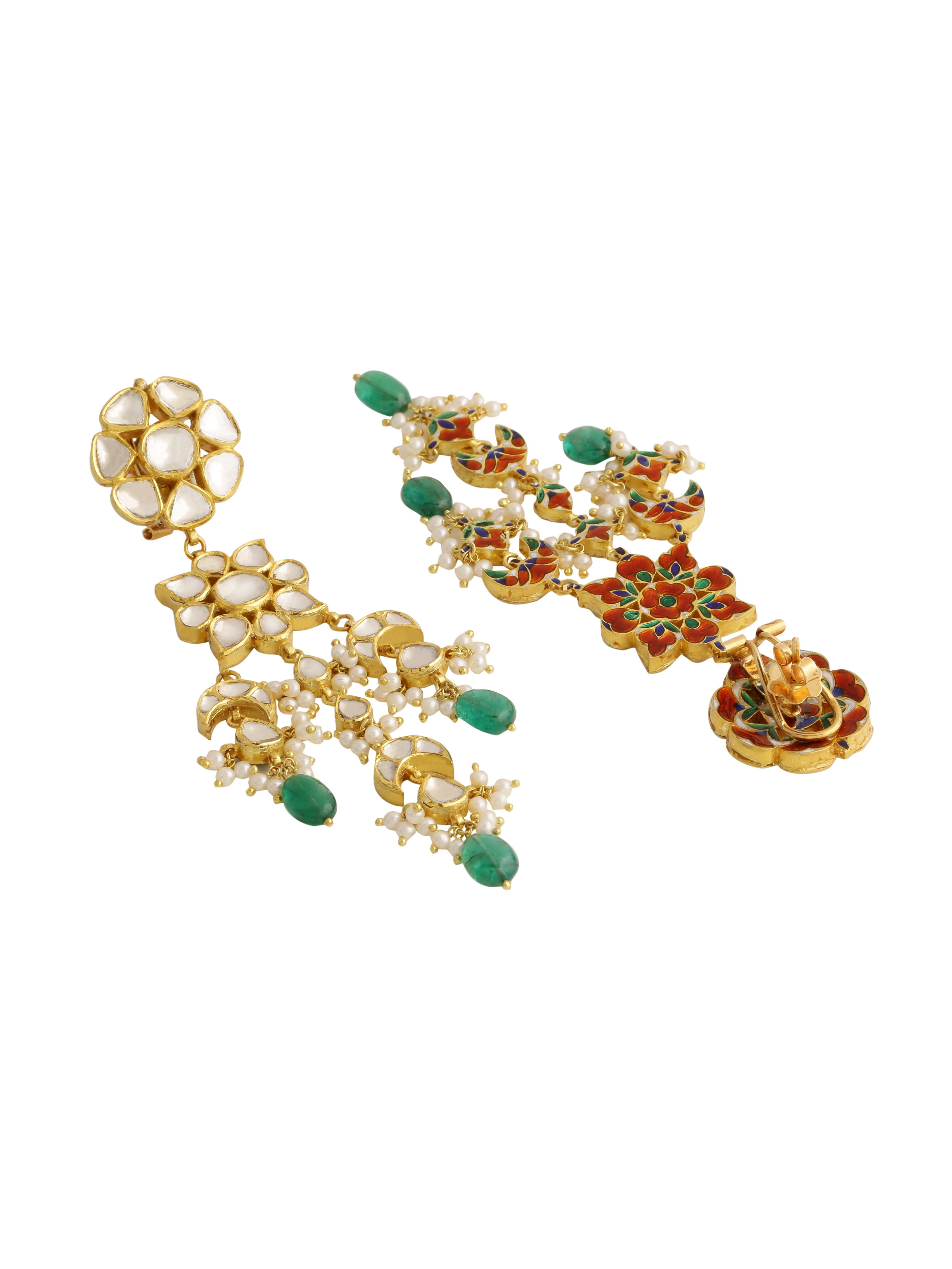 Uncut Diamonds and Emerald Chandelier Earring Handcrafted in 18K Gold with Fine Enamel For Sale