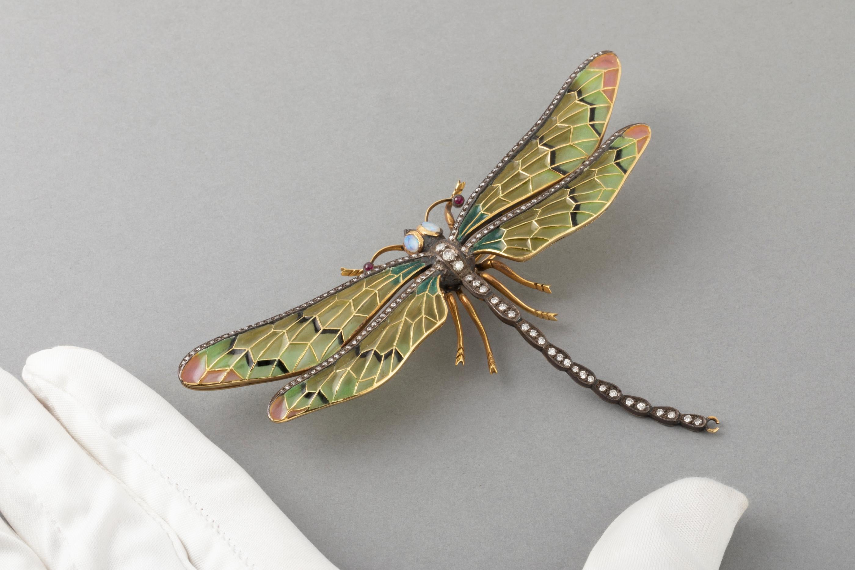 Round Cut Diamonds and Enamel French Dragonfly Brooch