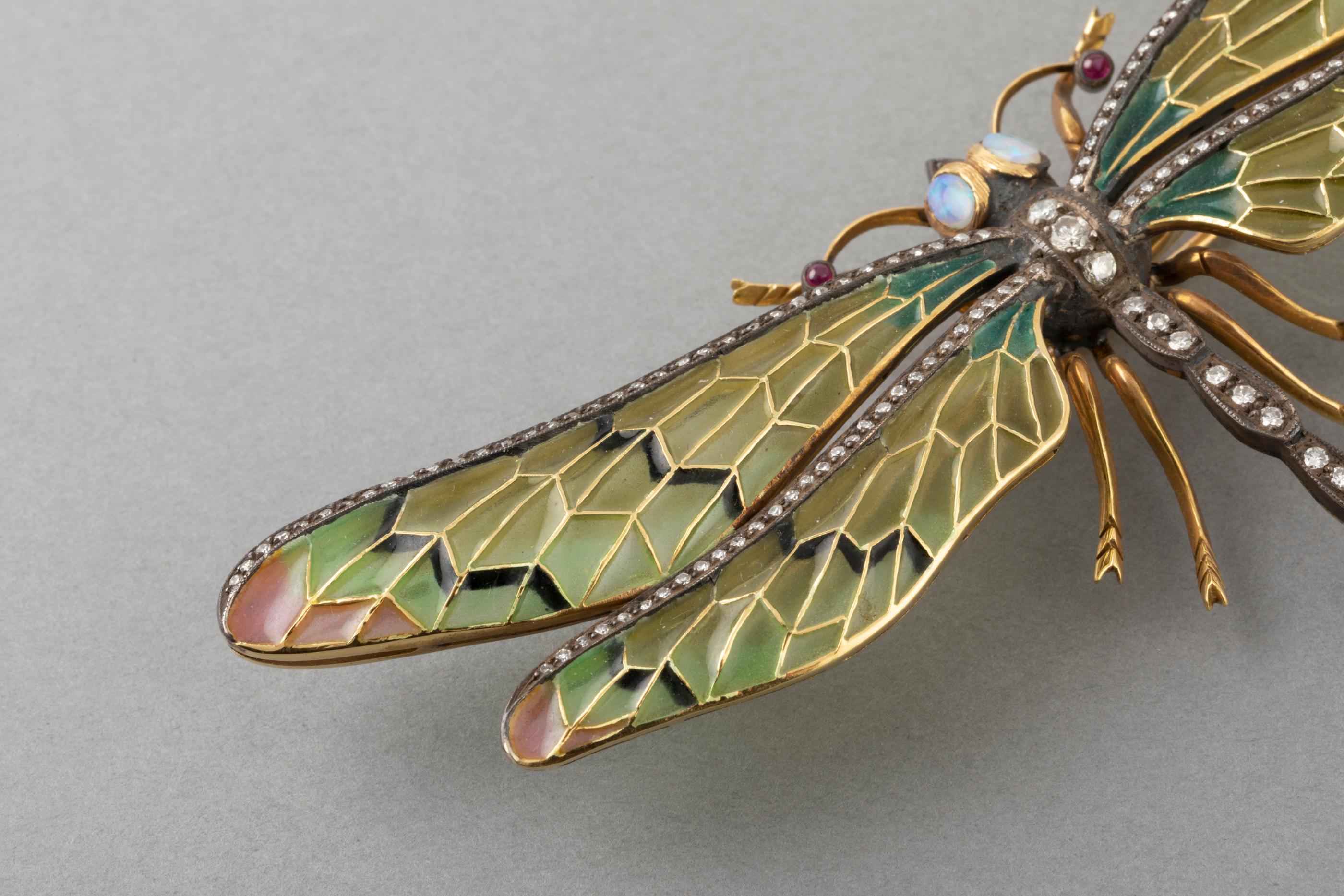 Diamonds and Enamel French Dragonfly Brooch In Good Condition In Saint-Ouen, FR