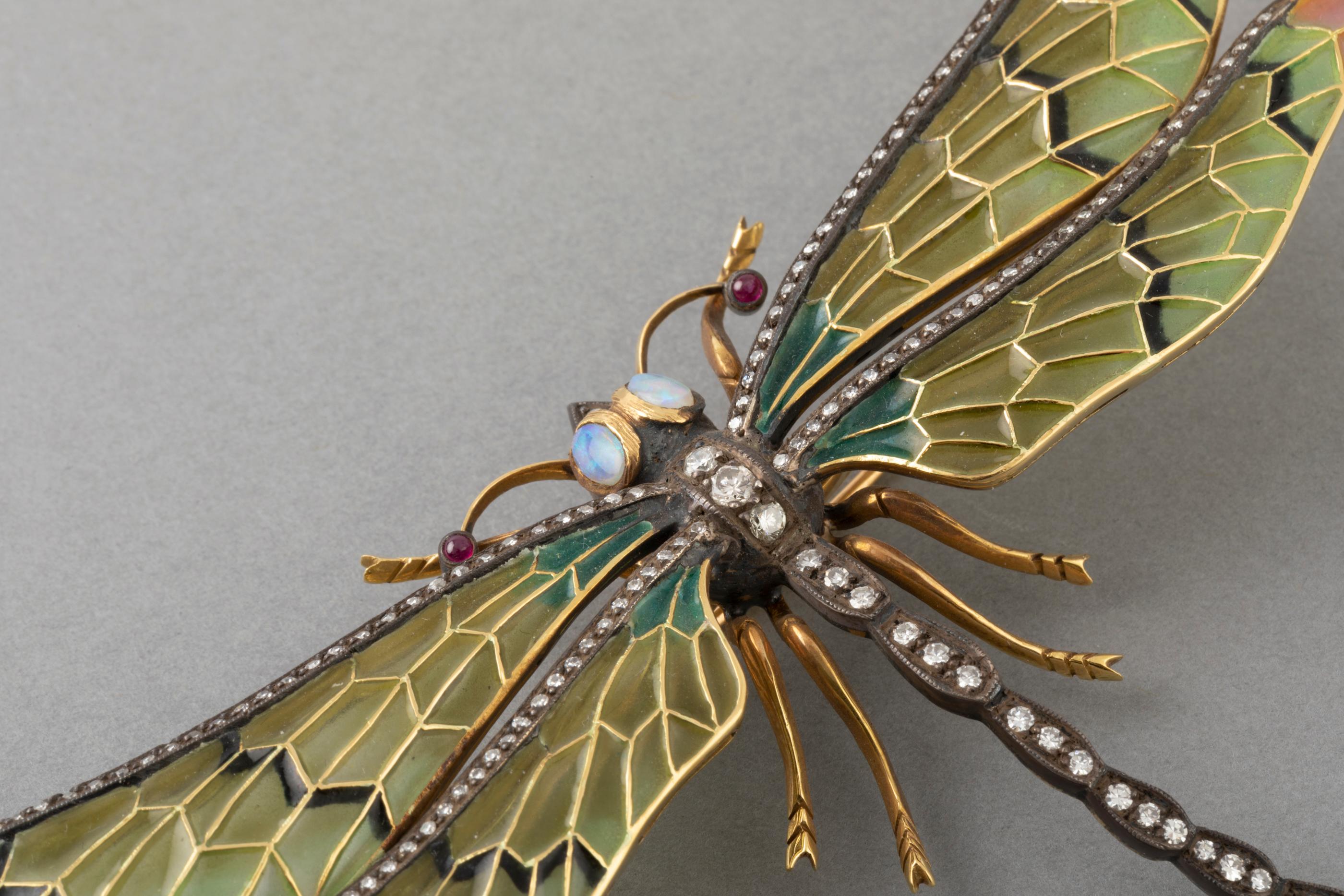 Women's or Men's Diamonds and Enamel French Dragonfly Brooch