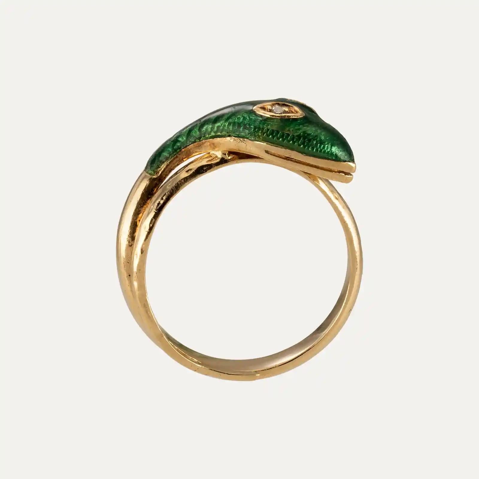 Contemporary Art Nouveau Gold Serpent Ring with Diamonds and Enamel For Sale
