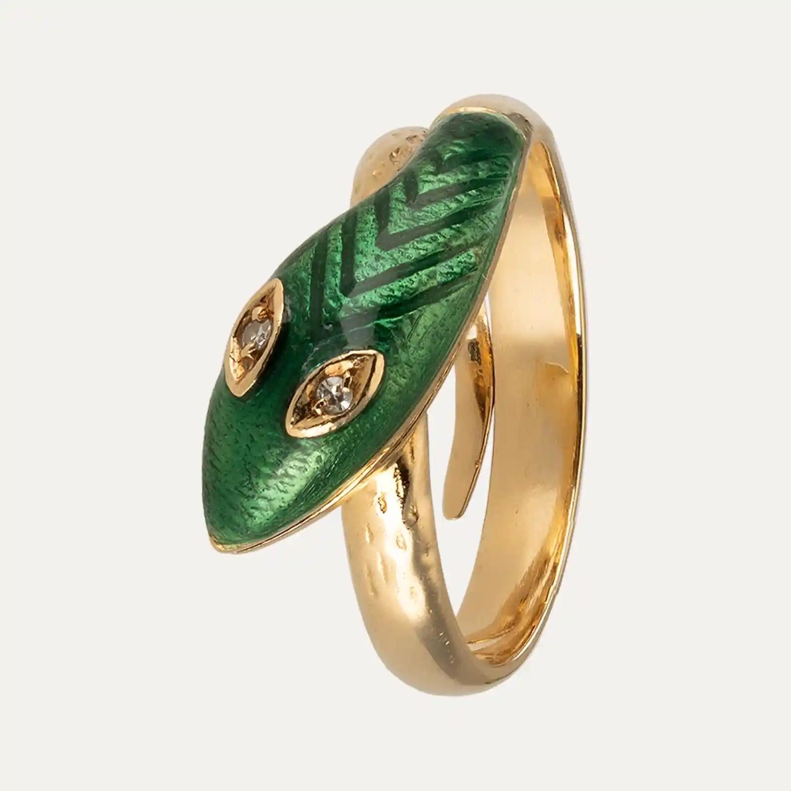 Round Cut Art Nouveau Gold Serpent Ring with Diamonds and Enamel For Sale