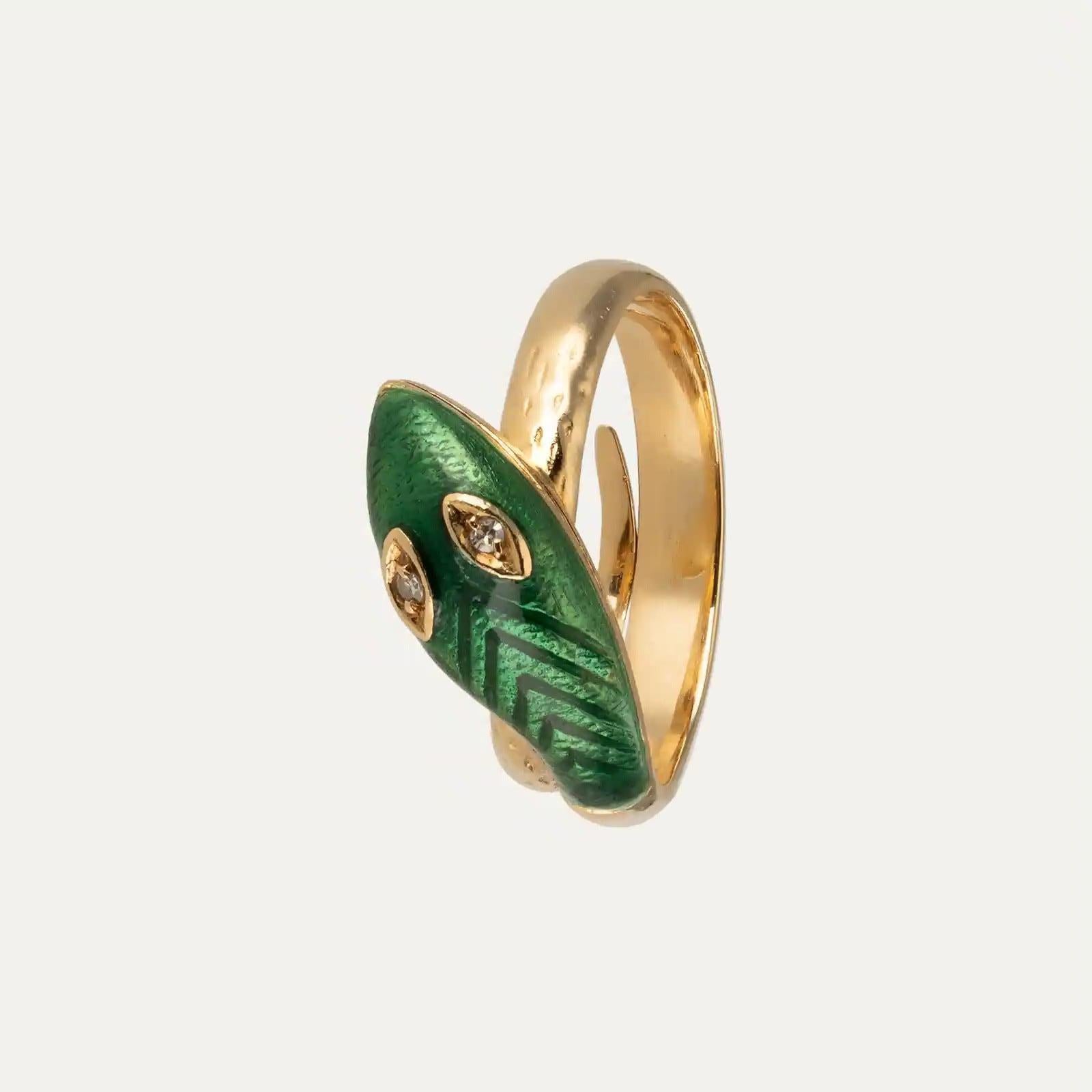 Art Nouveau Gold Serpent Ring with Diamonds and Enamel In Good Condition For Sale In Lisboa, PT