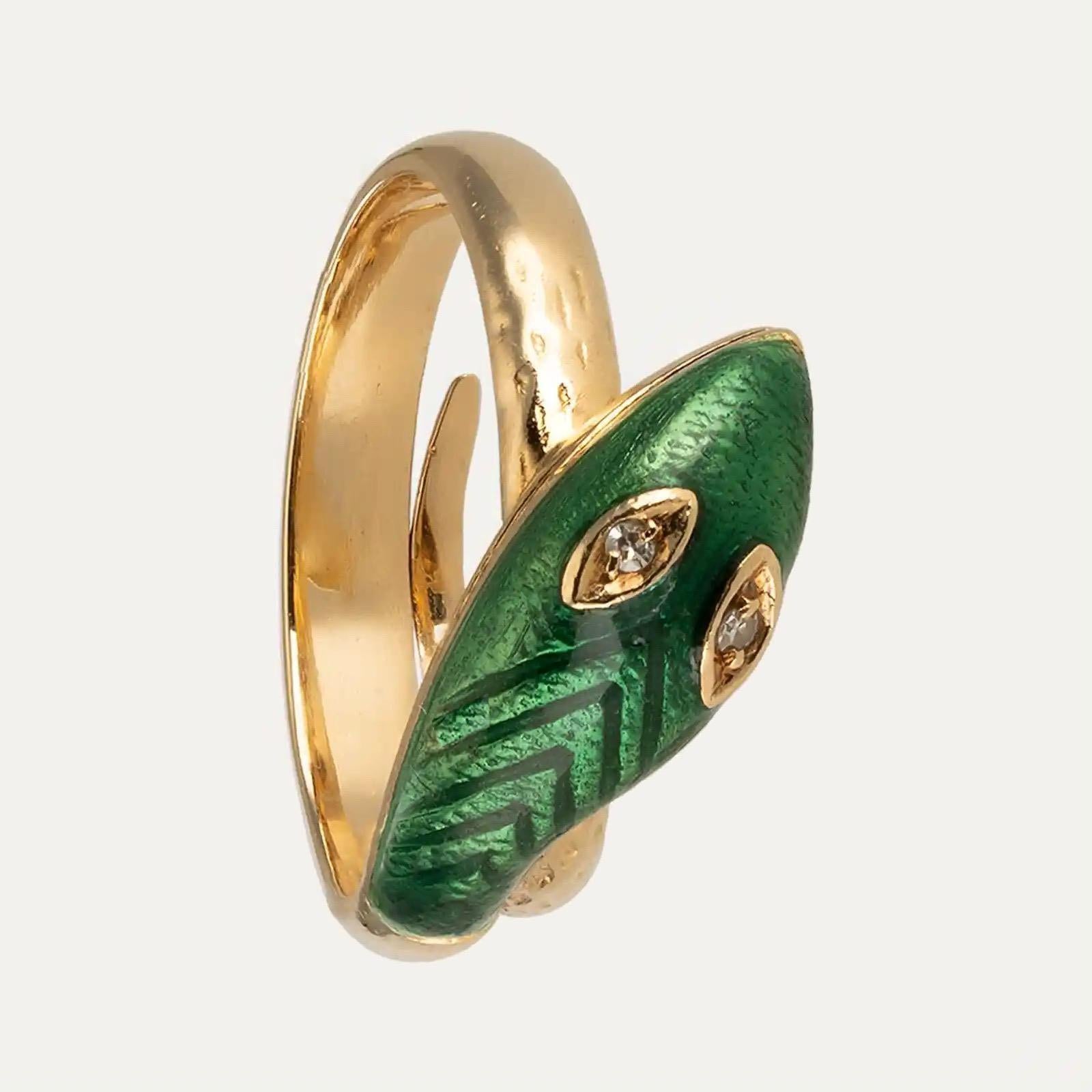 Women's or Men's Art Nouveau Gold Serpent Ring with Diamonds and Enamel For Sale