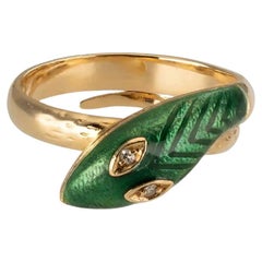 Anillo Art Nouveau Serpiente de Oro con Diamantes y Esmalte