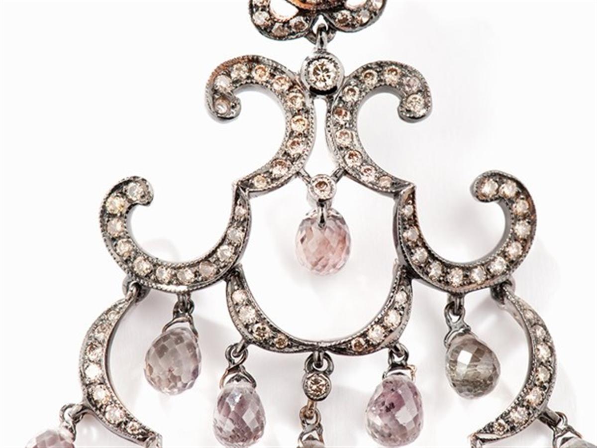 Art Nouveau Diamonds and Fancy Sapphires, 18 Karat White Gold, Earrings