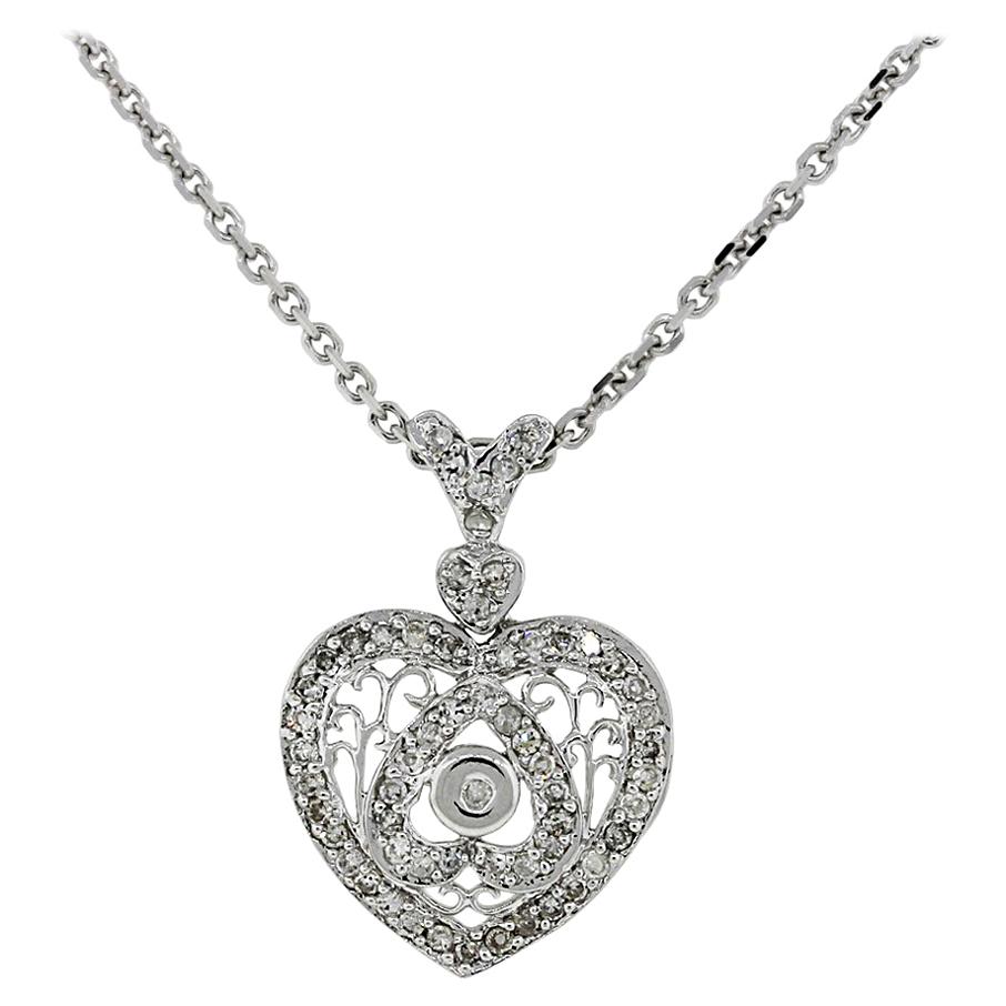 Diamonds and Filigree Heart Pendant Necklace