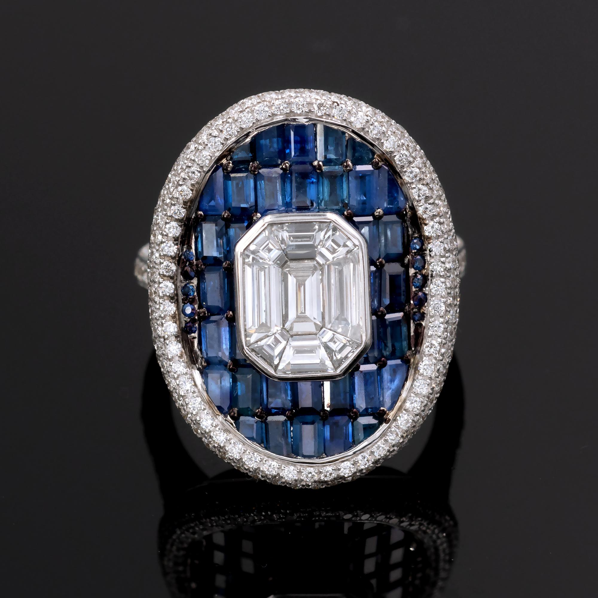 This sumptuous ring combine different exceptional setting techniques all perfectly executed: in it center the illusion setting of white diamonds where nine stones are assembled to recreate the shape and size of a ±2.50 carat emerald cut diamond.