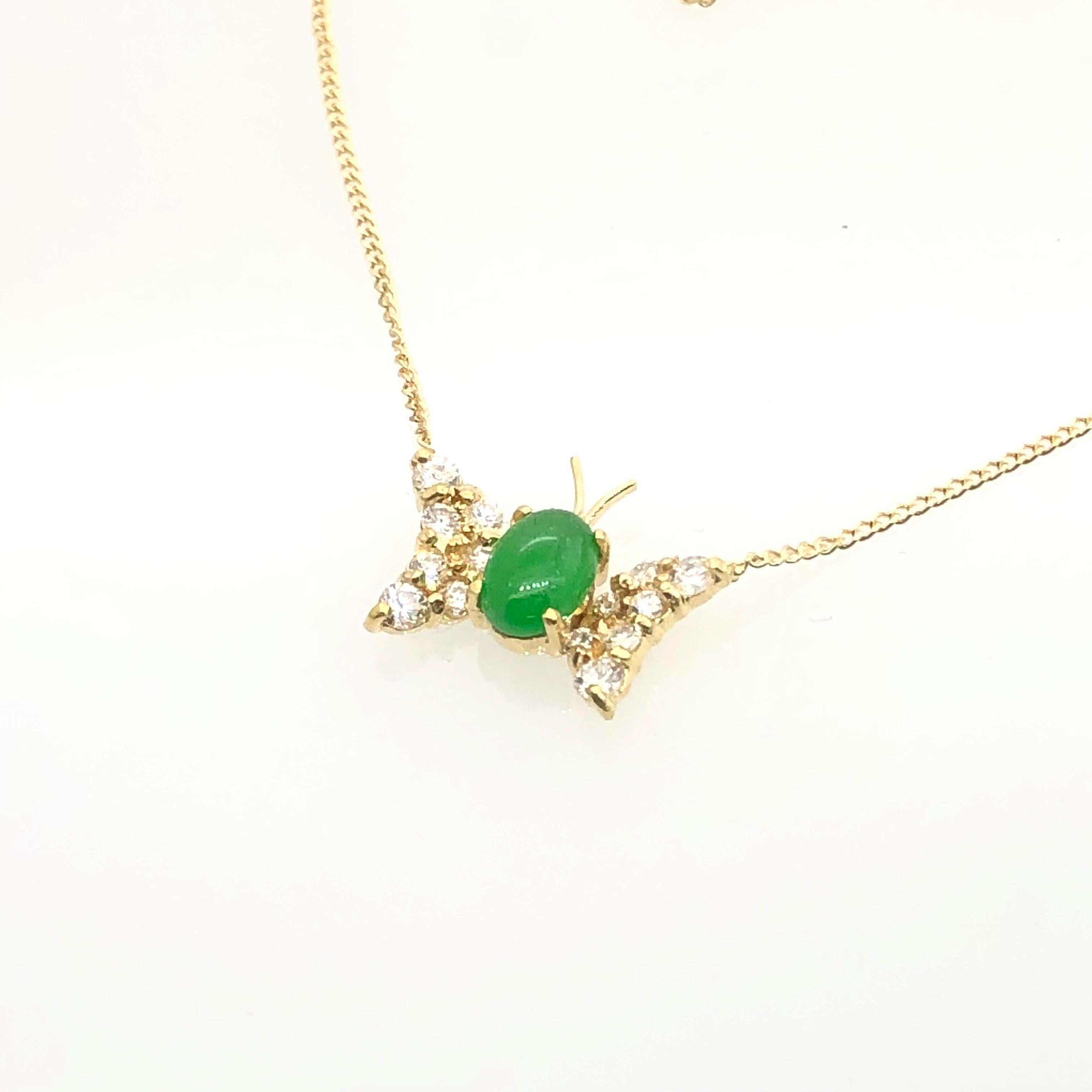 Brilliant Cut Diamonds and Jade Butterfly Pendant on Fine Curb Chain For Sale