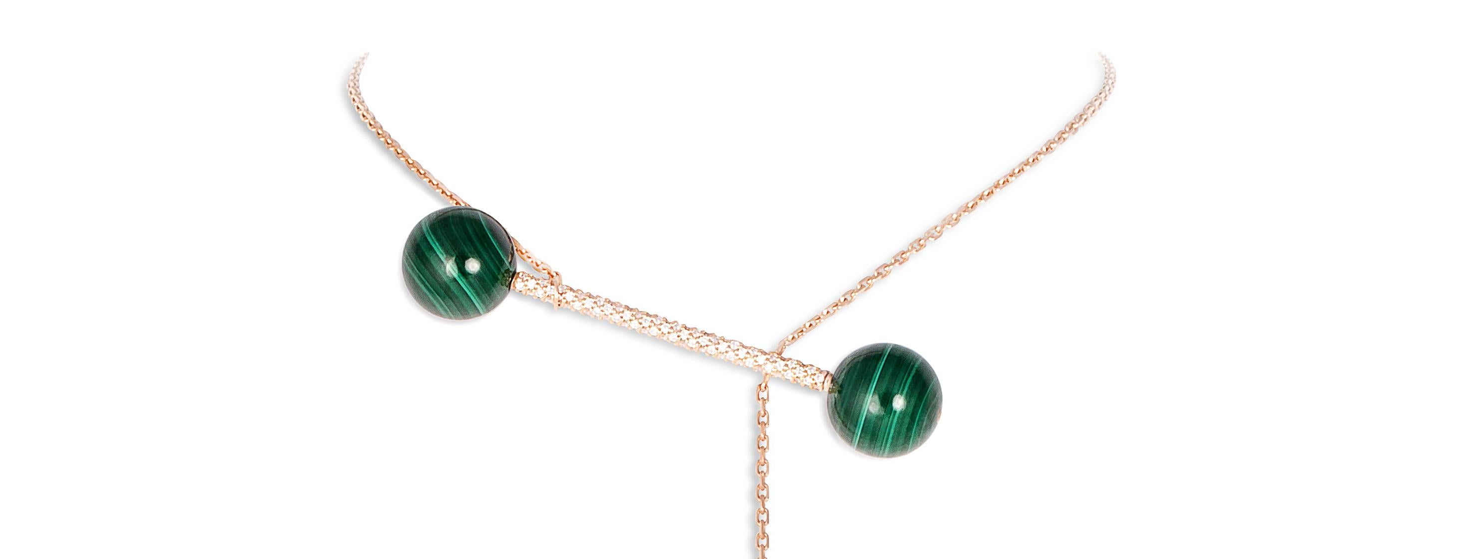 18 Carat Rose Gold Full Pavé Diamonds Necklace with Malachite. Adjustable Stone Pearls can be purchased separately for multiple looks. HAND CARVED STONES made from a specific unique designed. HANDCRAFTED IN FRANCE.
The Designer, Bénédicte, decided