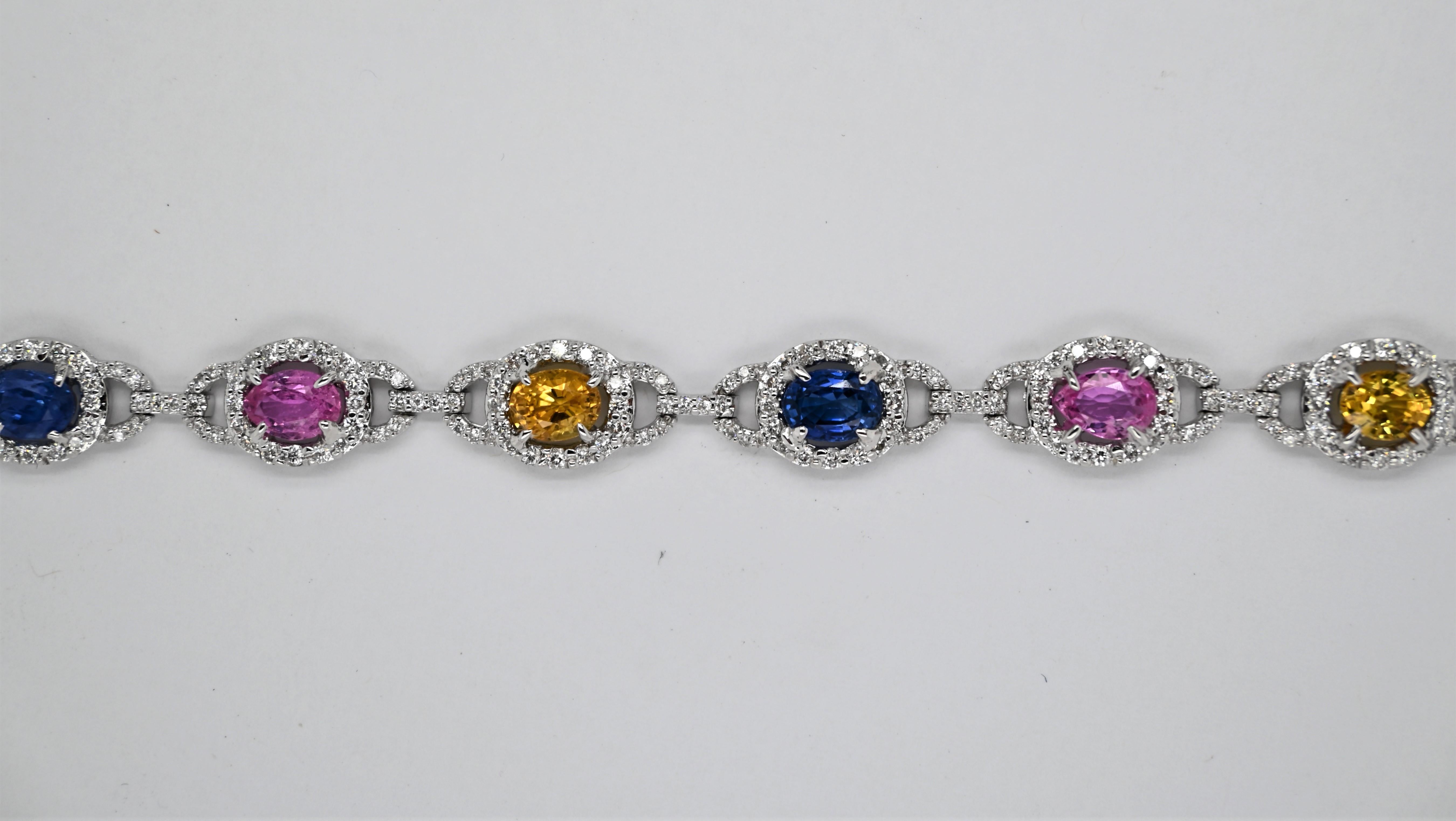 Contemporary Diamonds and Mixed Sapphires Link Bracelet For Sale