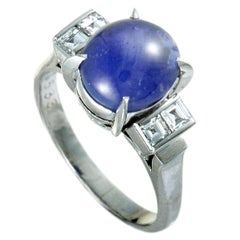 Vintage Diamonds and Oval Sapphire Cabochon Platinum Ring