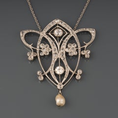 Diamonds and Pearl Art Nouveau Pendant Necklace