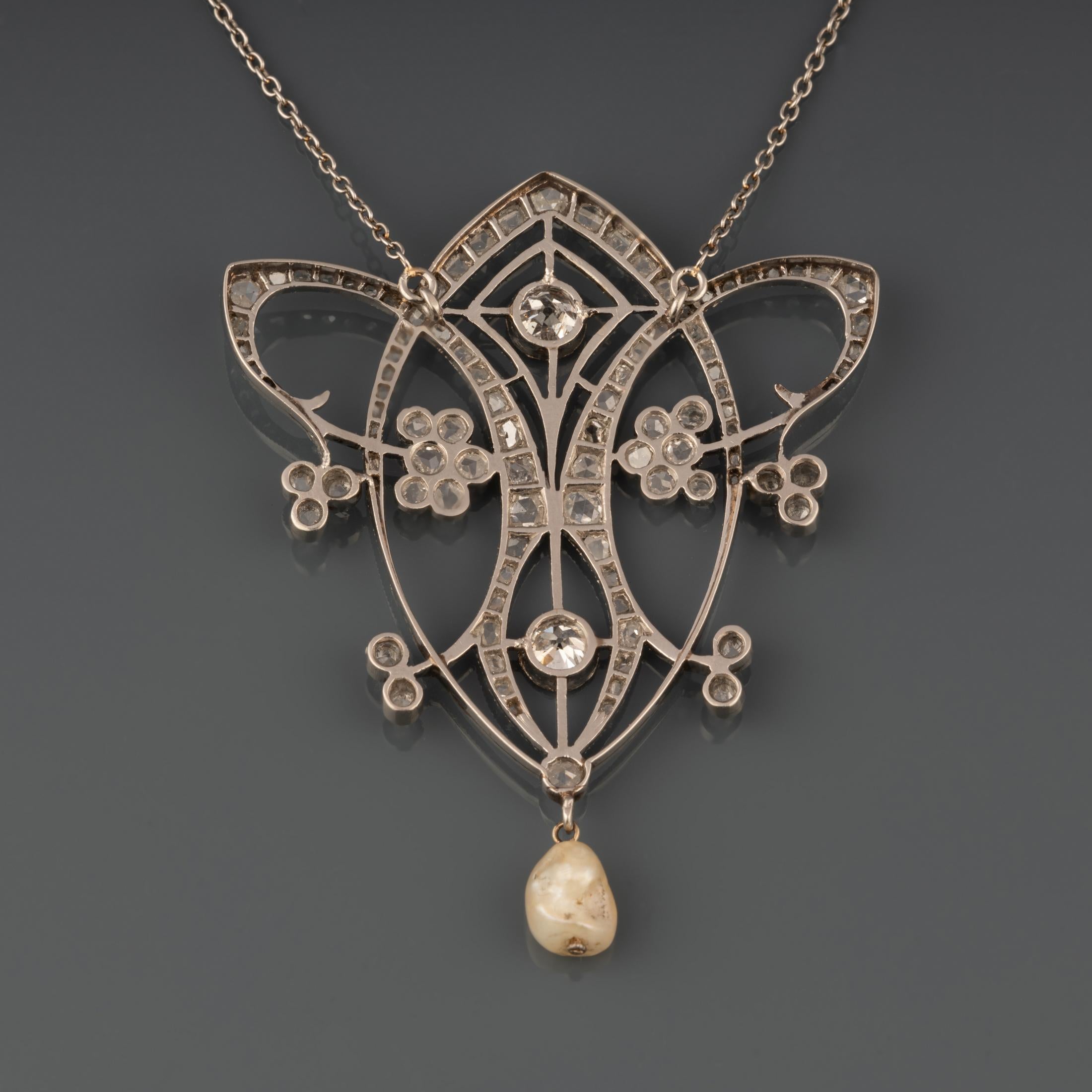 Old European Cut Diamonds and Pearl Art Nouveau Pendant Necklace For Sale