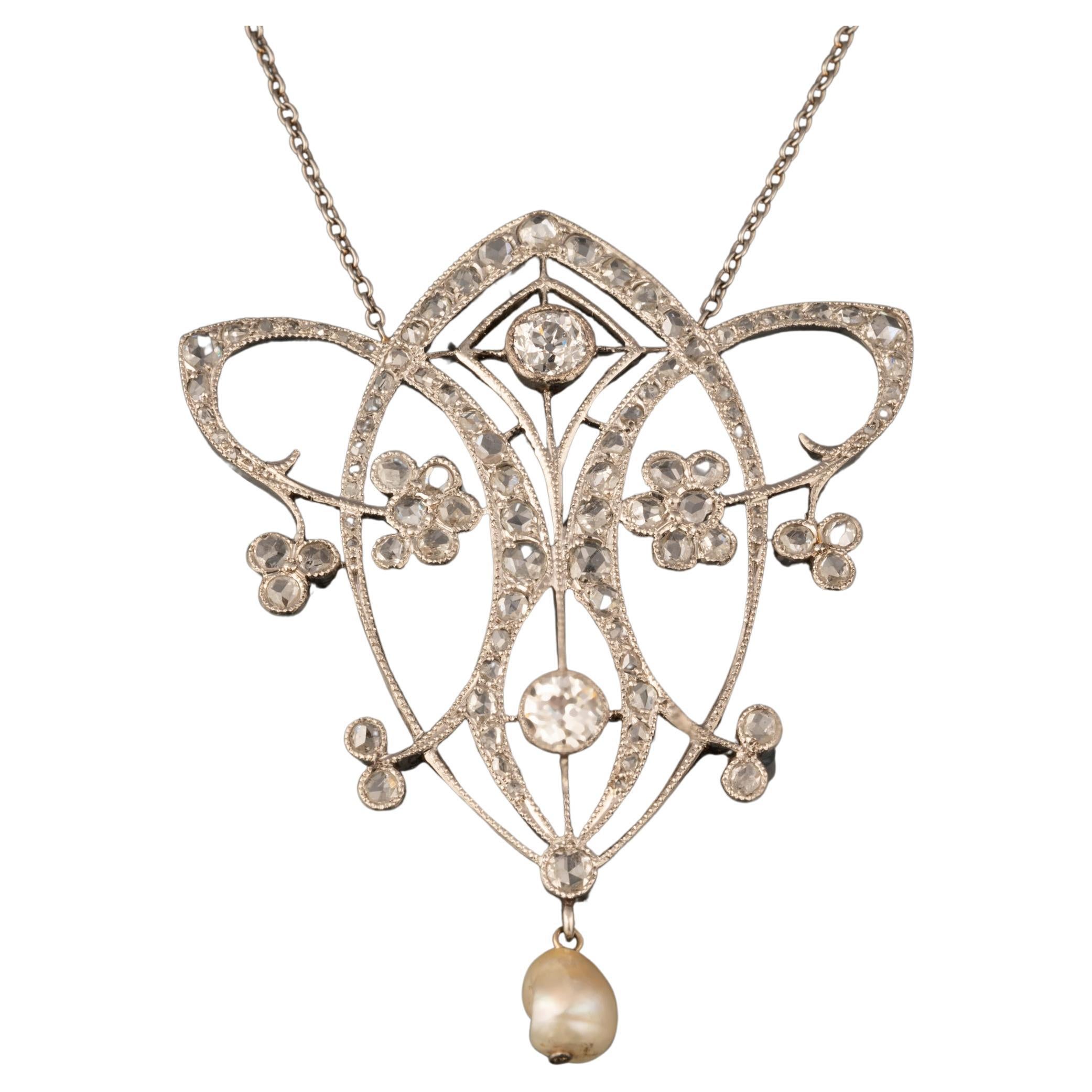 Diamonds and Pearl Art Nouveau Pendant Necklace For Sale