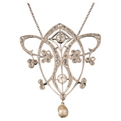 Antique Diamonds and Pearl Art Nouveau Pendant Necklace