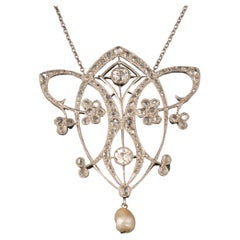 Diamonds and Pearl Art Nouveau Pendant Necklace