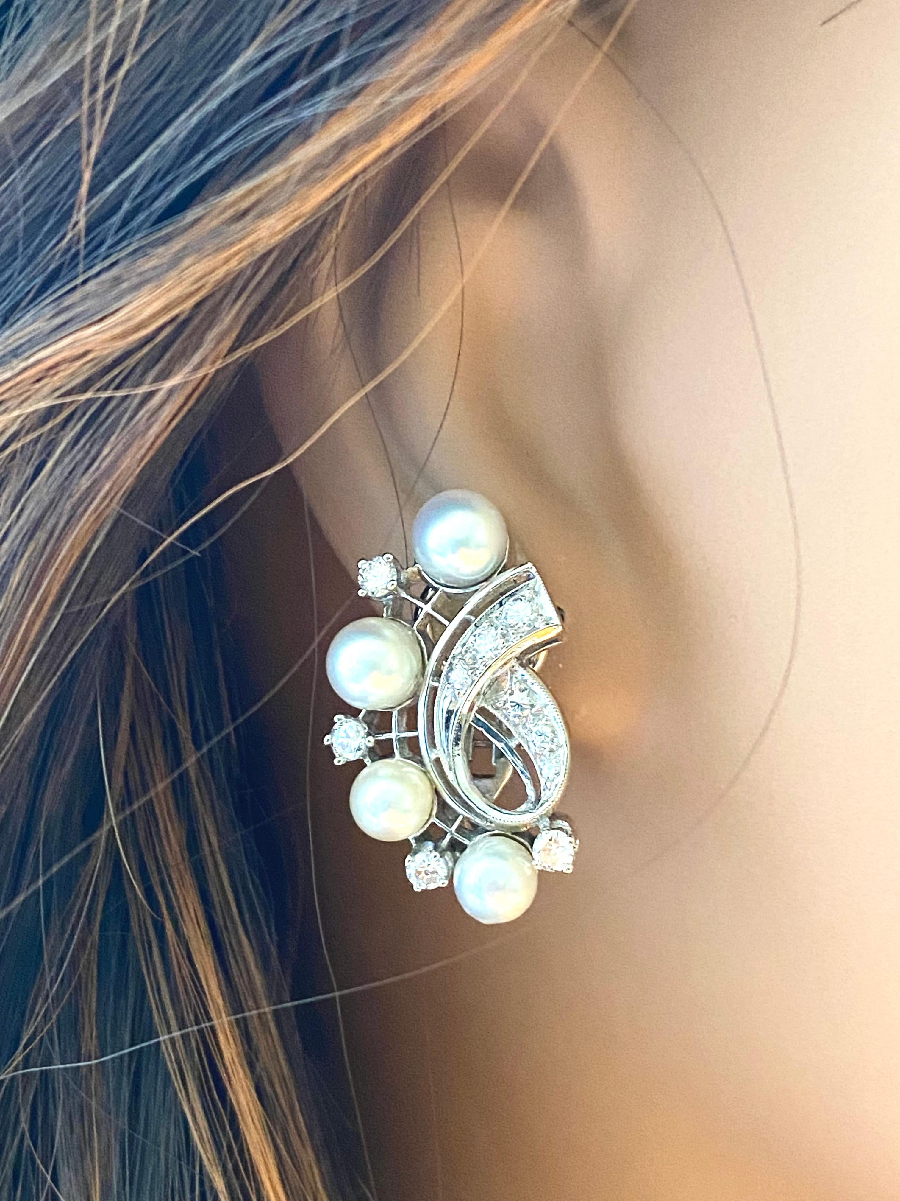 Ein-Zinch-Ohrringe aus Weißgold mit Diamanten und 0,75 Karat Perlen im Zustand „Gut“ im Angebot in New York, NY