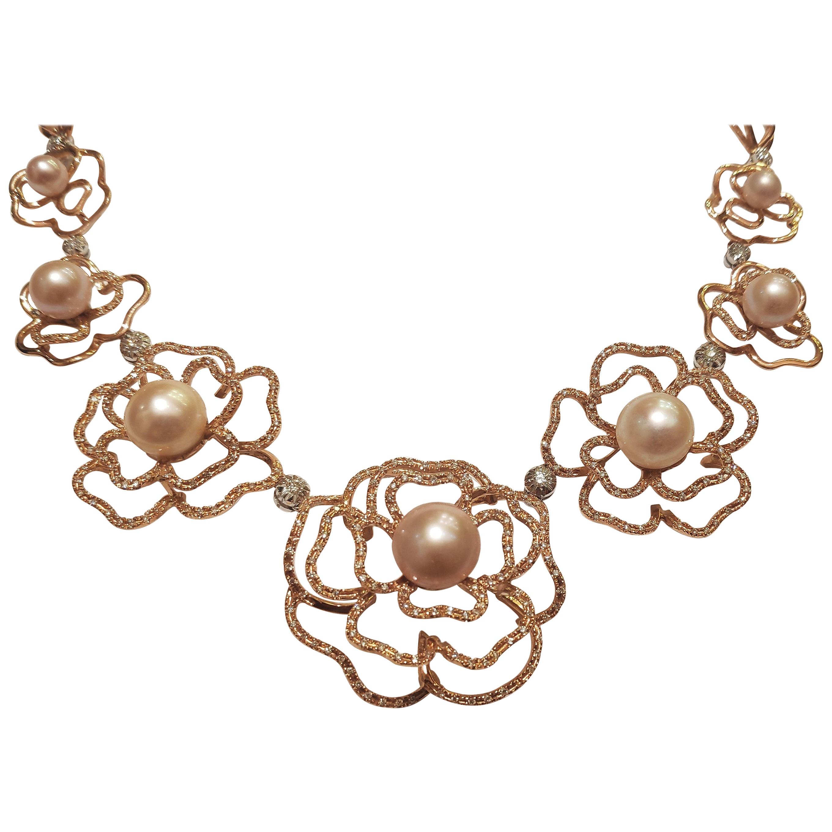 Collar Link Diamantes y Perlas Oro Rosa 18 Kilates