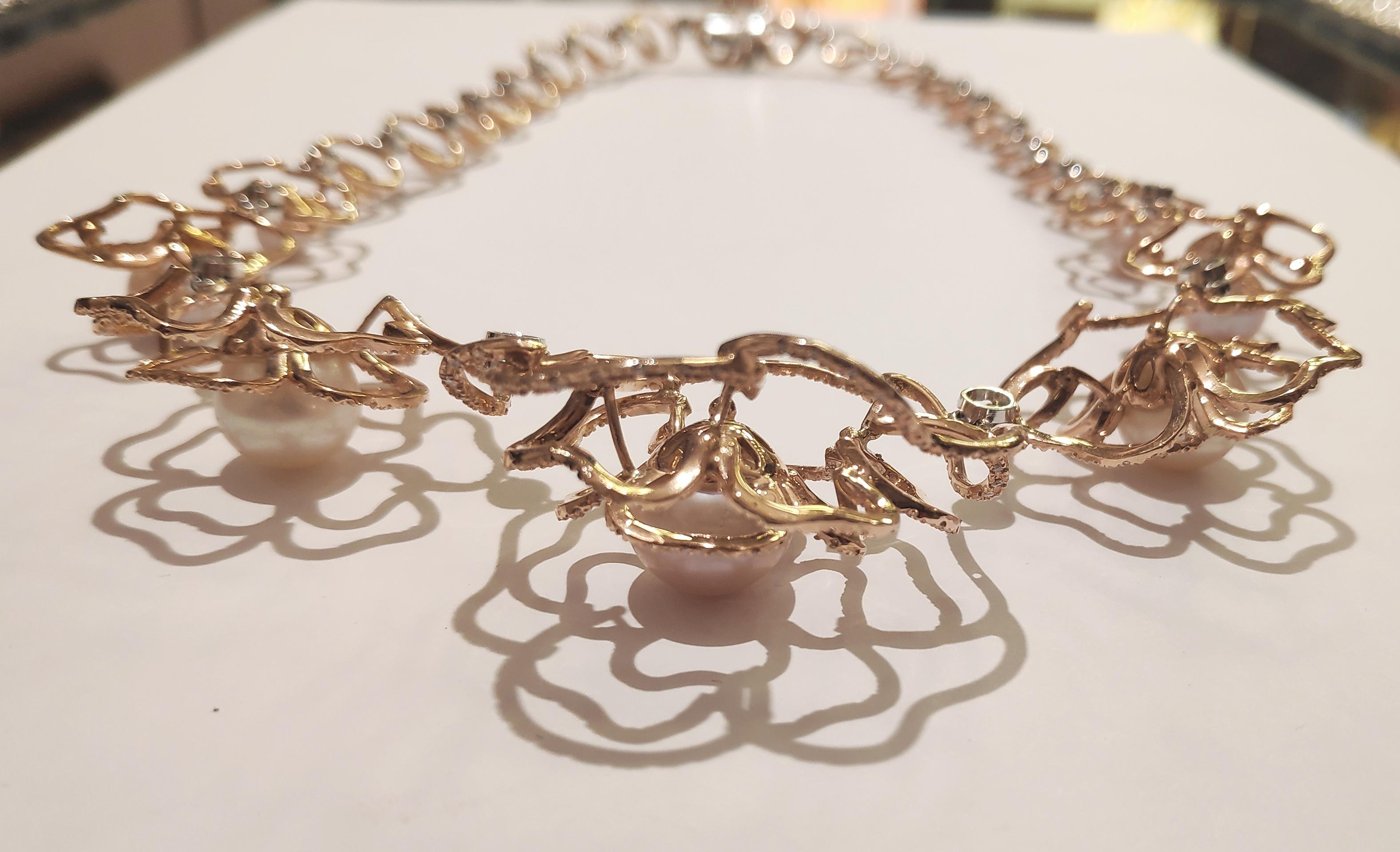 Diamonds and Pearls Link Necklace Pink Gold 18 Karat In New Condition For Sale In Palermo, IT