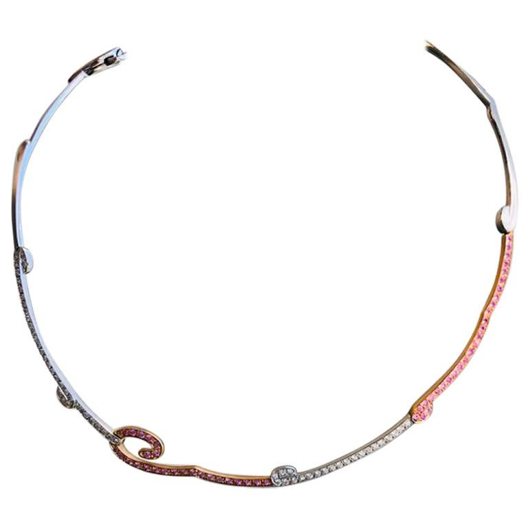 Diamonds and Pink Sapphires Necklace including Circular Designs 18K Gold Choker For Sale