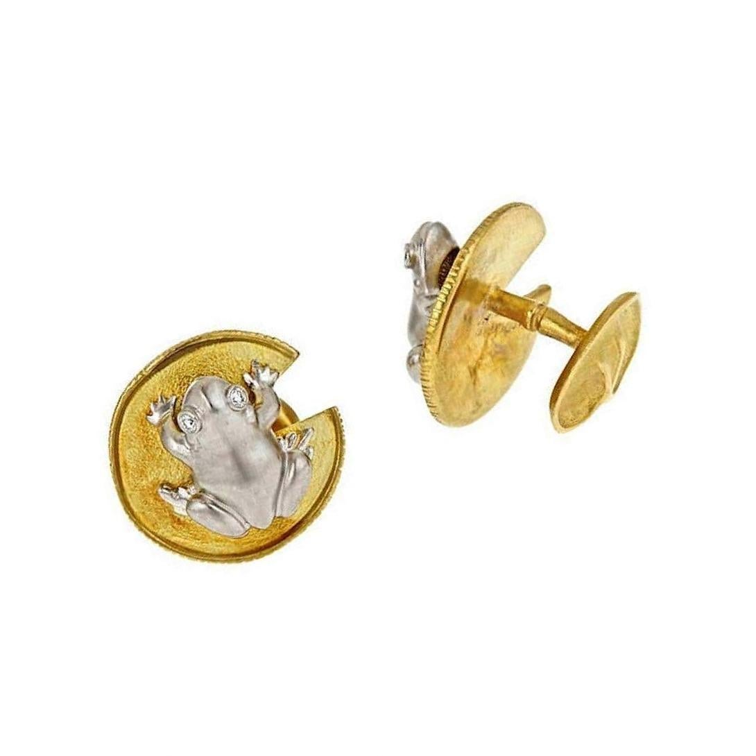 Contemporary Diamonds and Platinum Frog and Water Lily Leaf Cufflinks by John Landrum Bryant For Sale