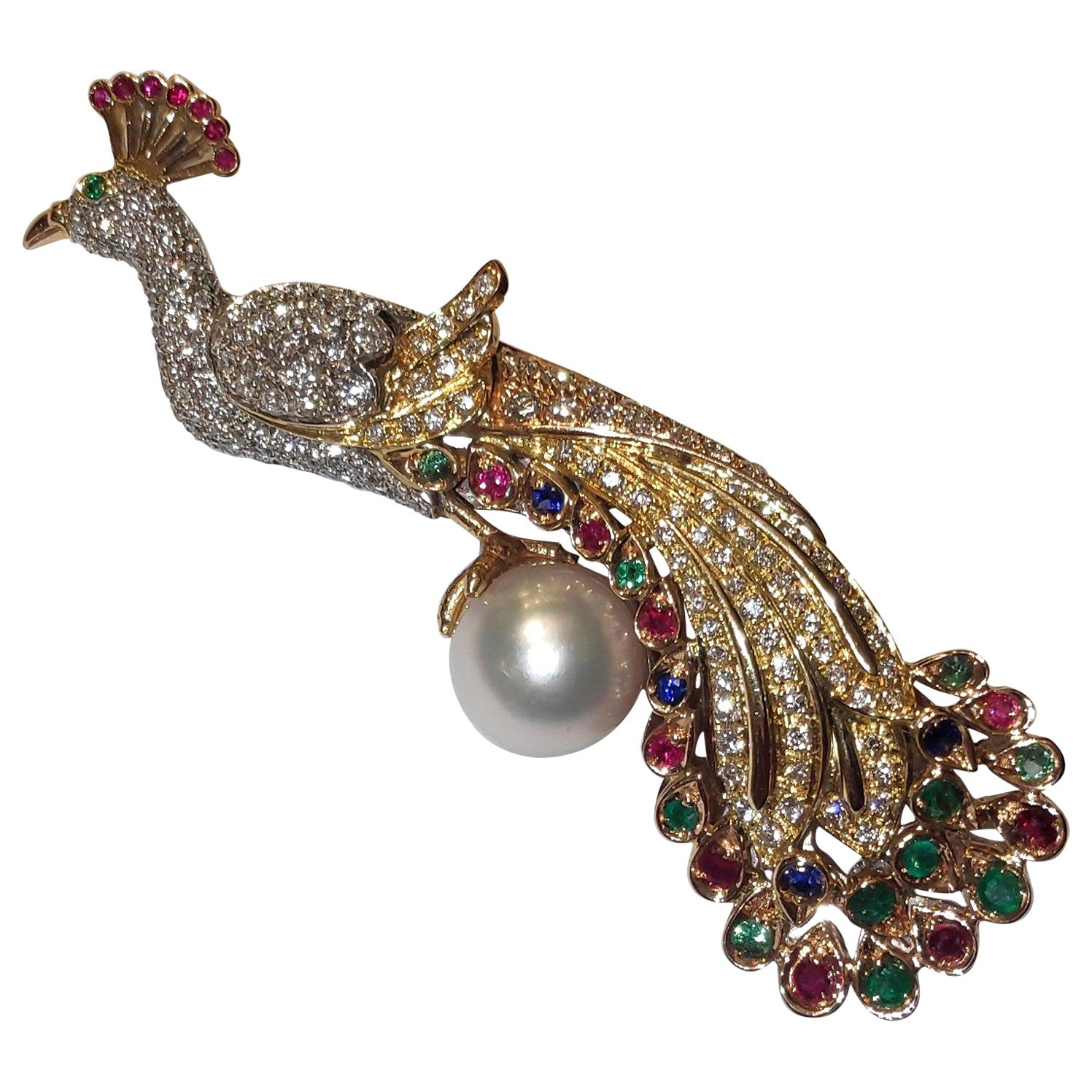 Diamonds and Precious Stones Peacock Brooch 18 Karat Gold For Sale
