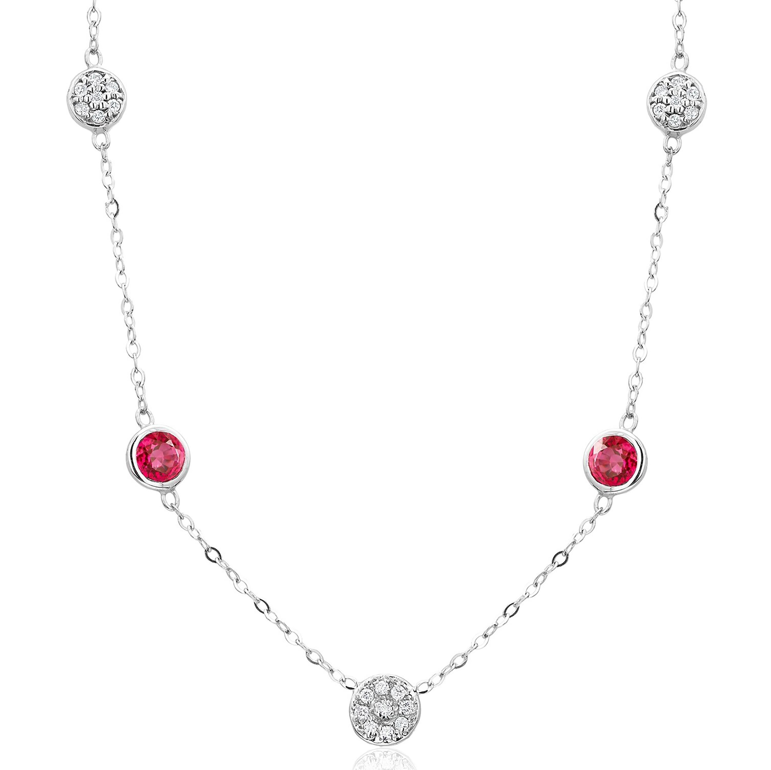 Modern Three Diamonds Circles and Two Round Burma Ruby Bezel Set Gold Pendant Necklace