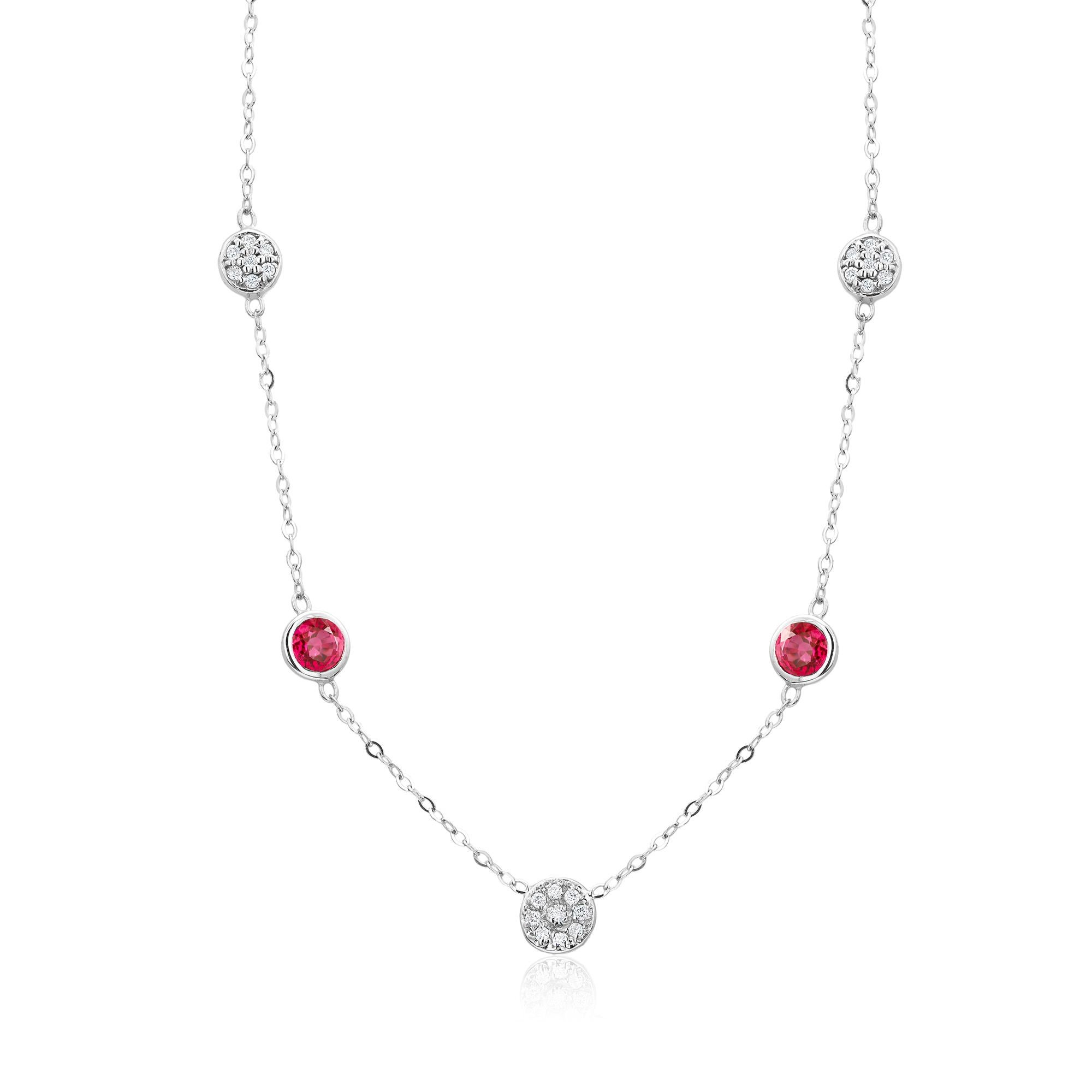 Women's or Men's Three Diamonds Circles and Two Round Burma Ruby Bezel Set Gold Pendant Necklace
