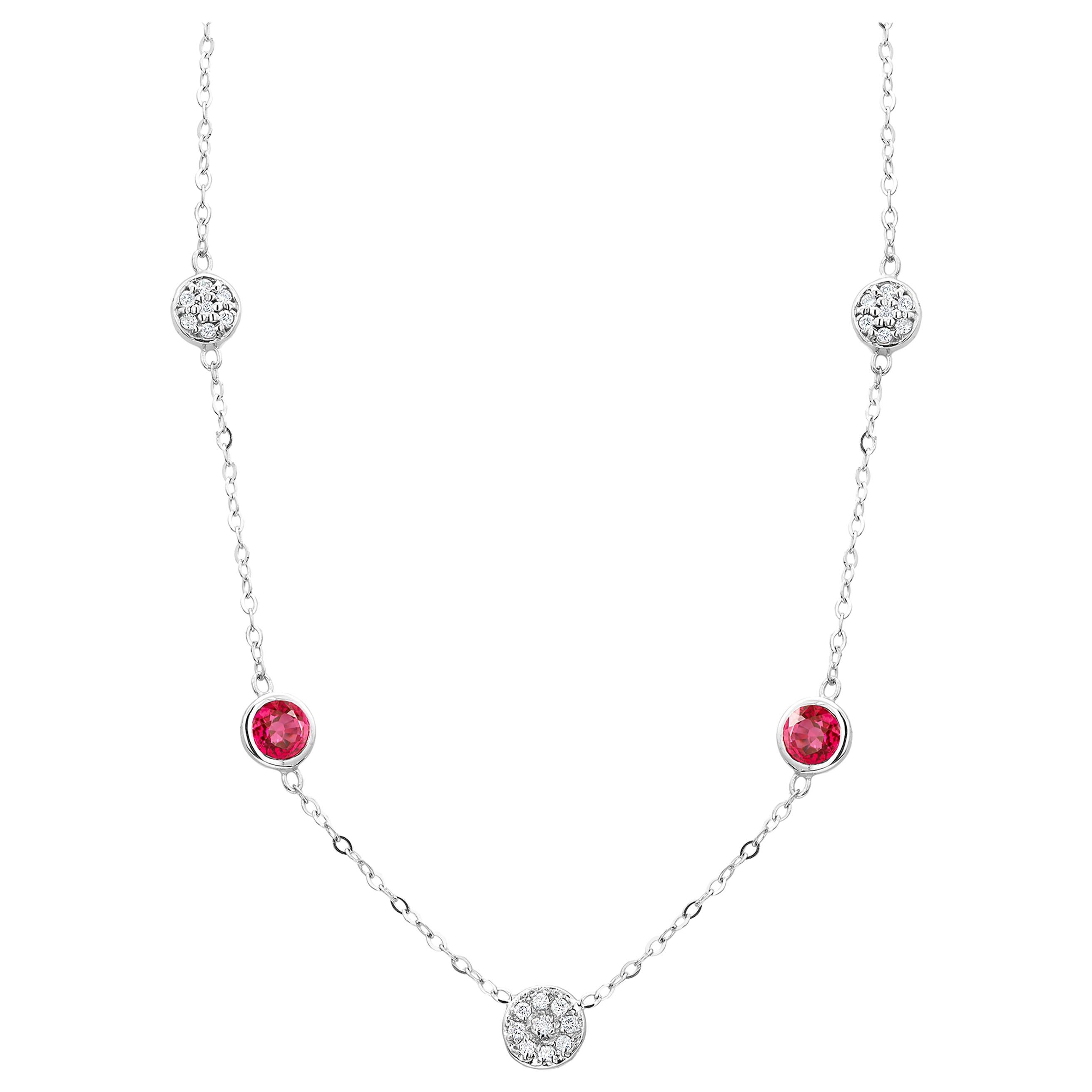 Three Diamonds Circles and Two Round Burma Ruby Bezel Set Gold Pendant Necklace